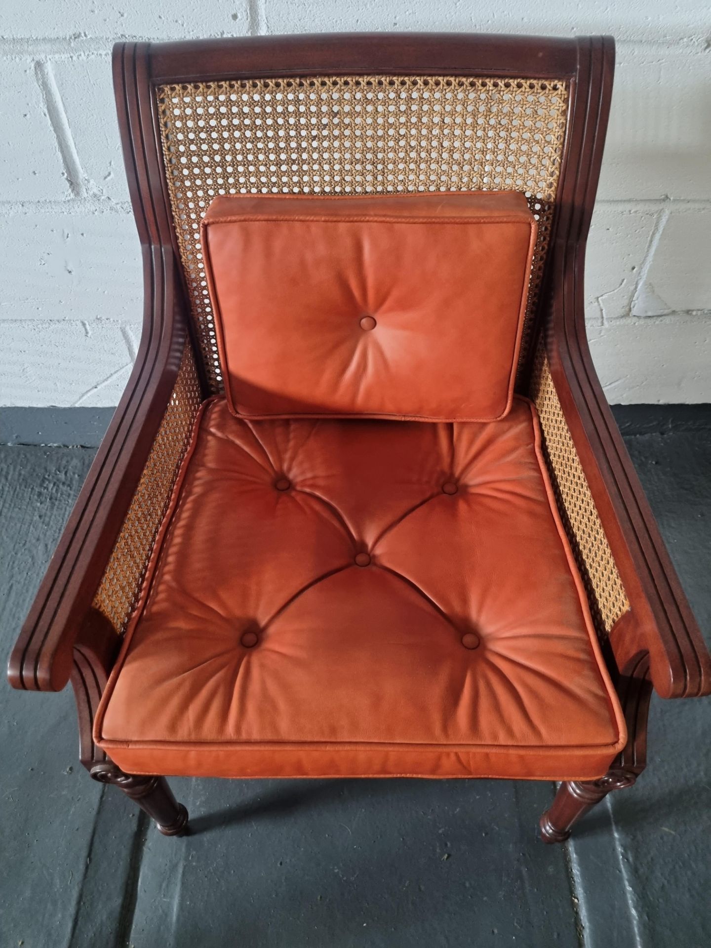 Arthur Brett Mahogany Straight Back Arm Chair with Burnt Orange Leather Seat Cushion & Back Height - Image 2 of 4