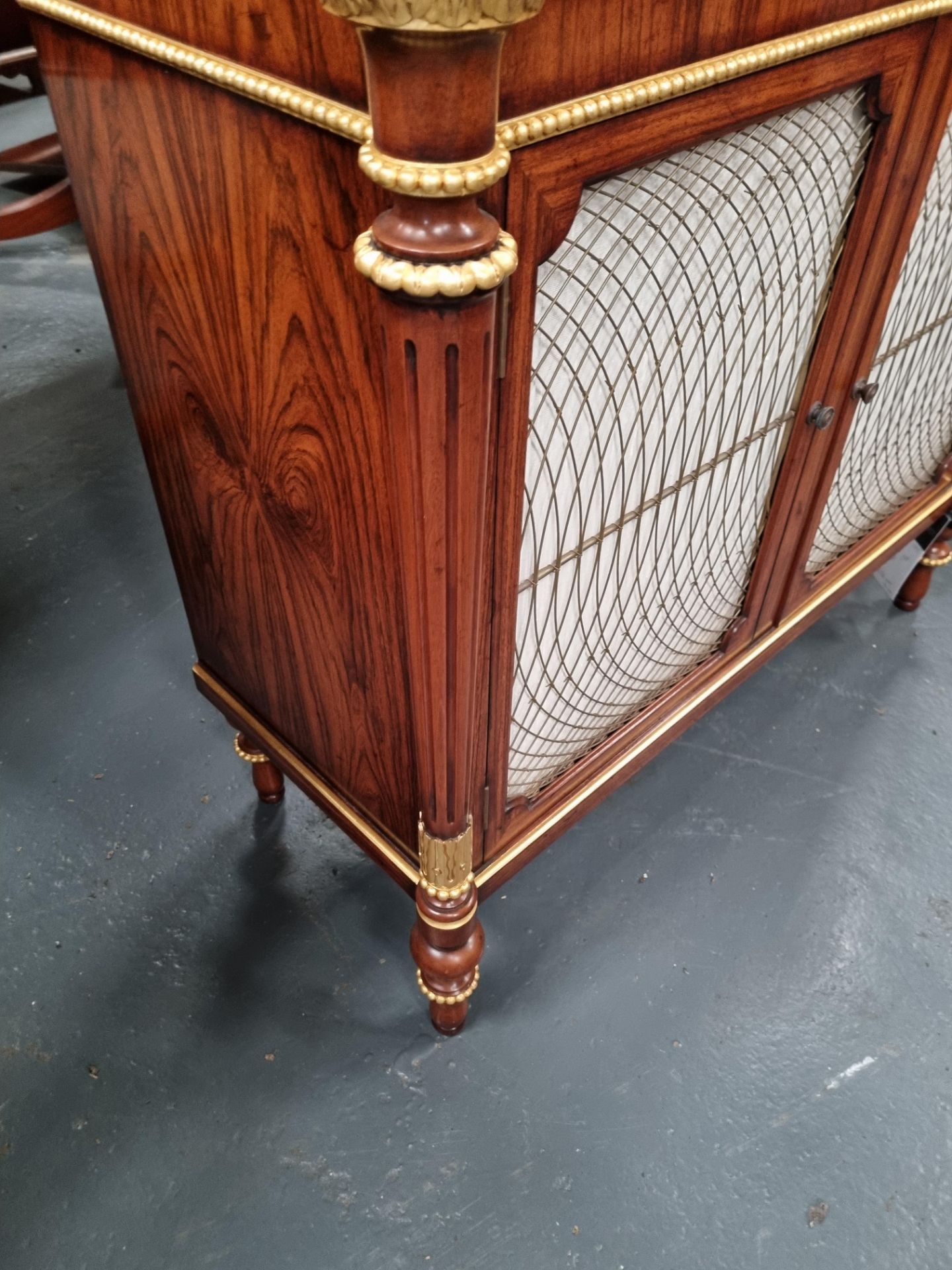 Arthur Brett Regency-style rosewood commode with gothic brass wire griolole doors and gilt - Image 4 of 6