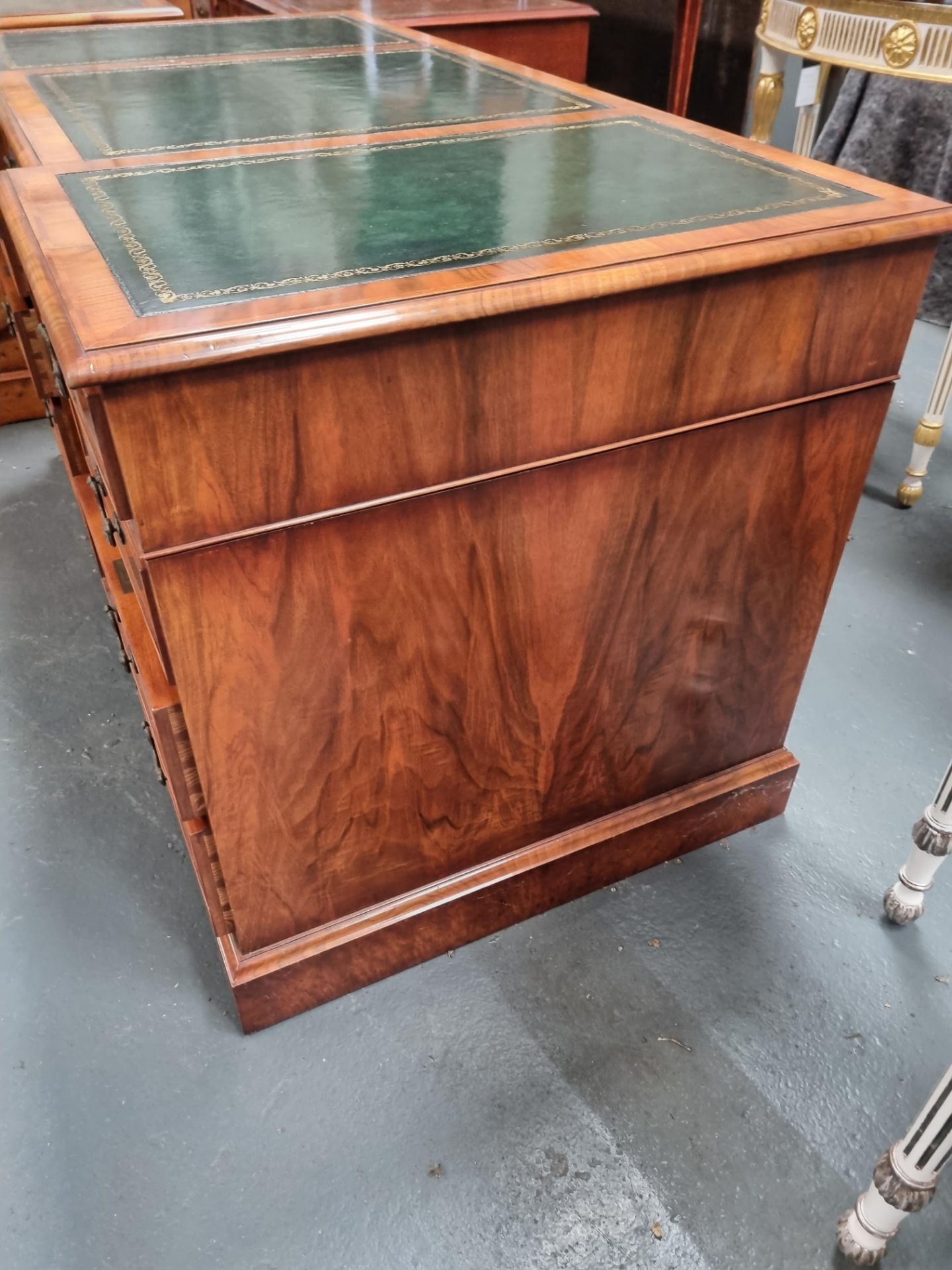 Arthur Brett Walnut Pedestal Desk with three sections of bright green leather inlay on two pedestals - Image 2 of 4