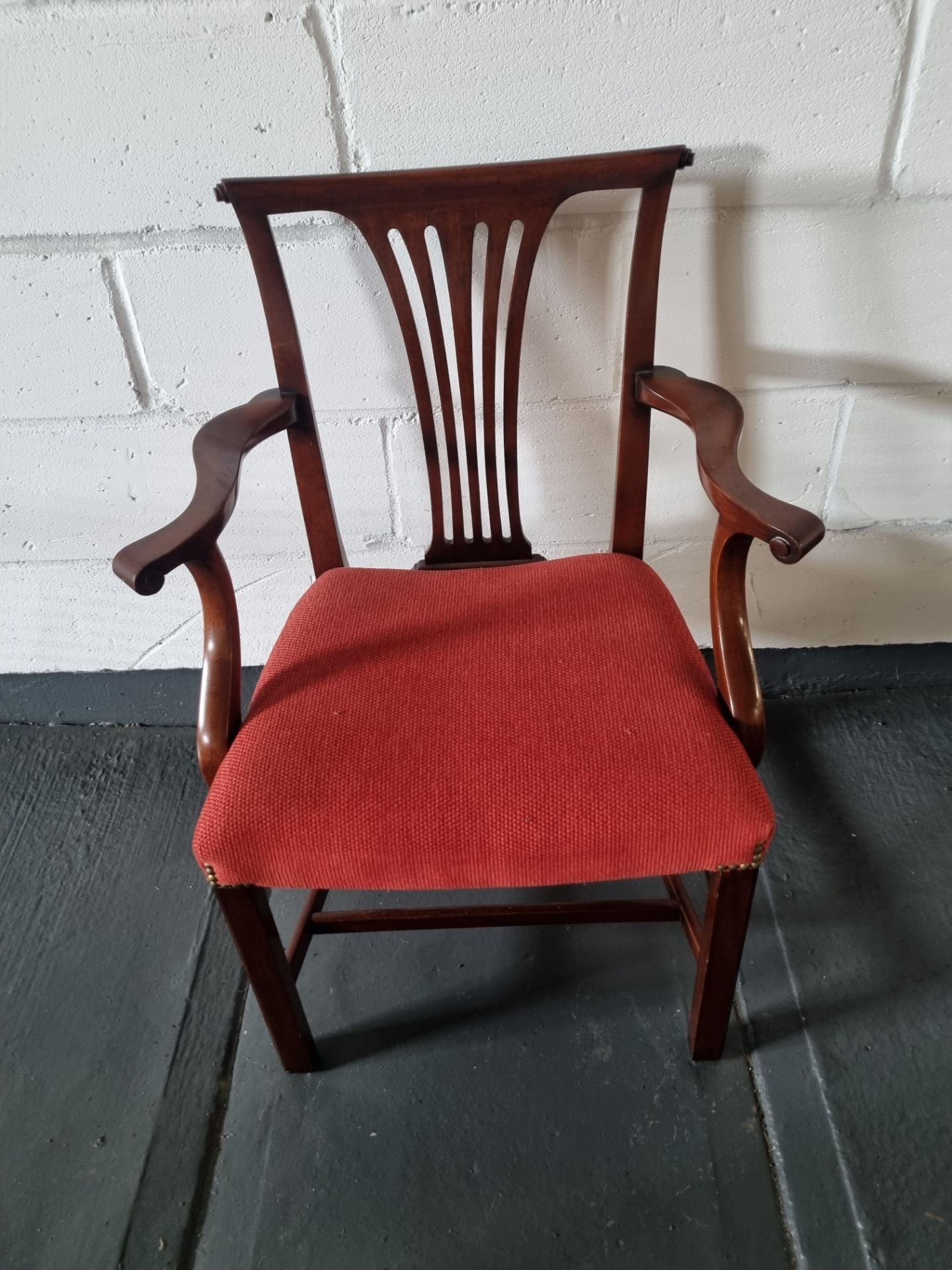 Arthur Brett Mahogany Dining Arm Chair With Spindle Detail To Back And Carved Tapered Front Legs