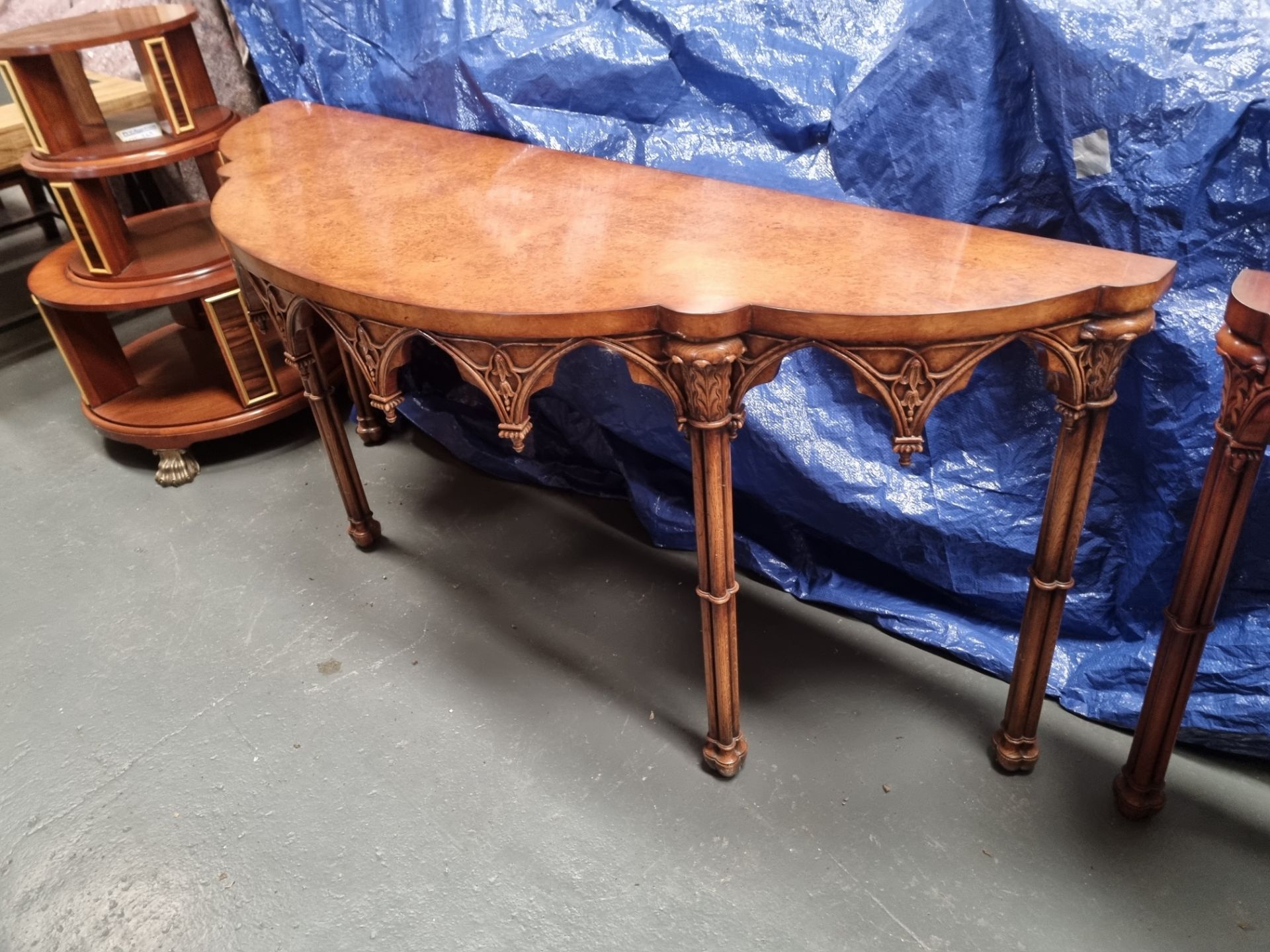 Arthur Brett Burr oak gothic side table Height 84cm width 183cm Depth 57cm