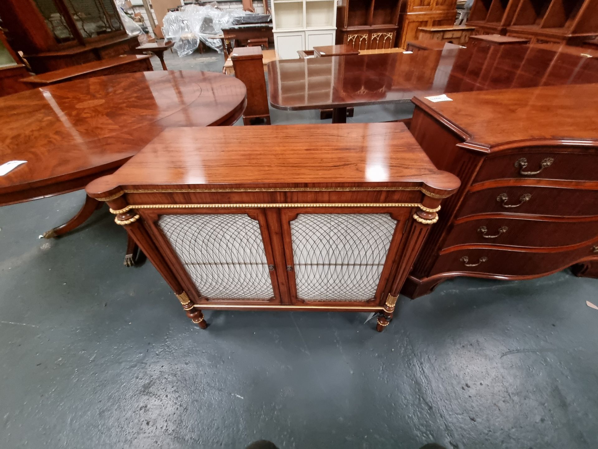 Arthur Brett Regency-style rosewood commode with gothic brass wire griolole doors and gilt - Image 2 of 6