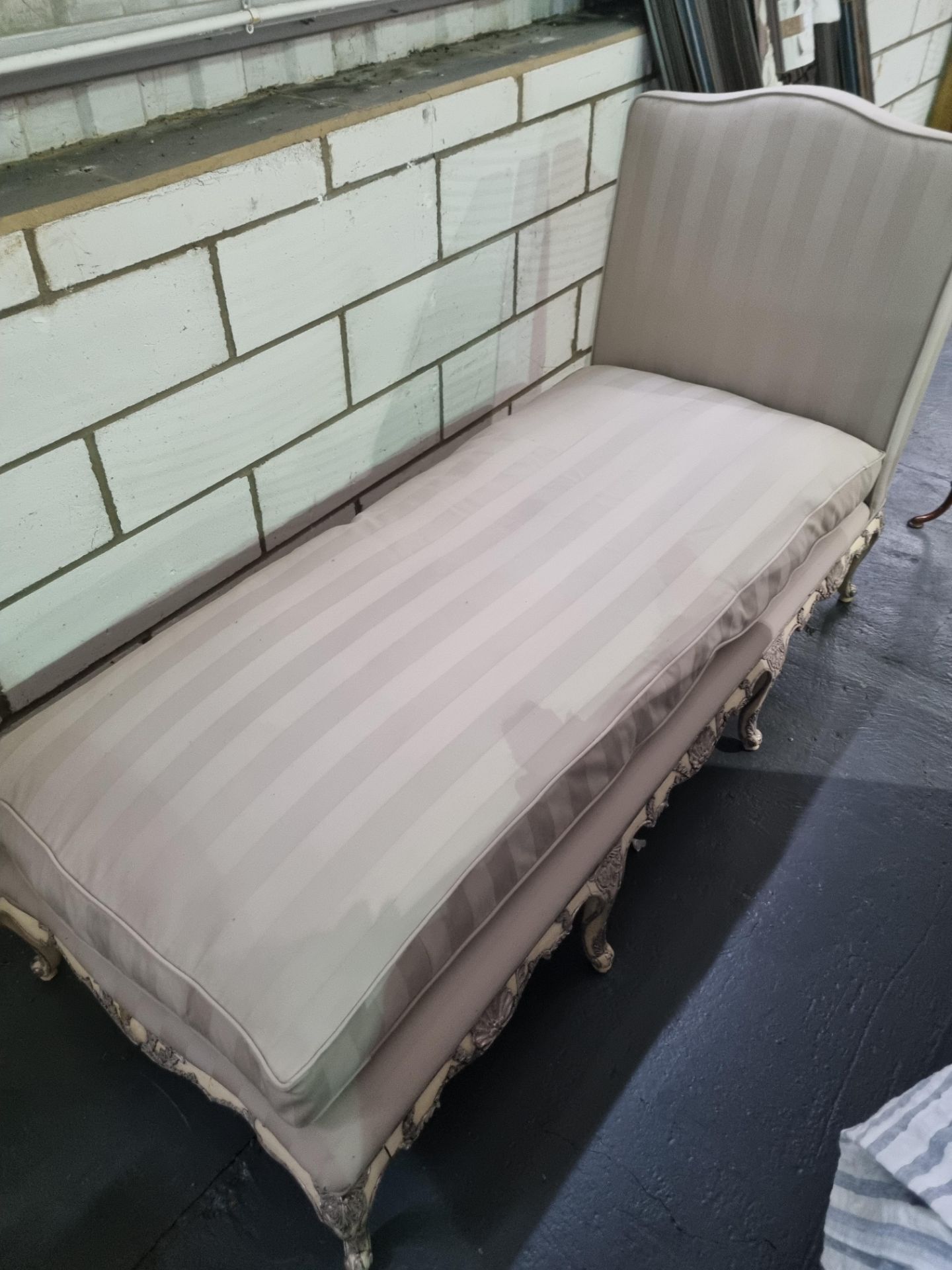 Grey stripe upholstered French Day bed (broken) Height 104cm Width 200cm Depth 75cm