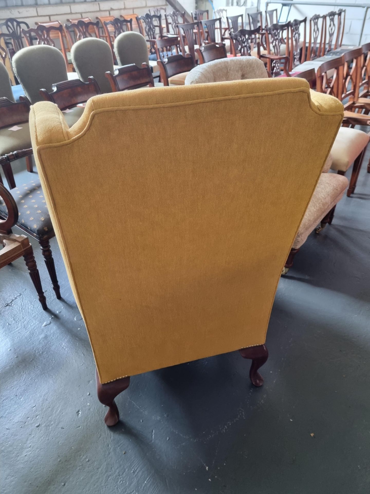 Arthur Brett Mahogany Wing Chair Bespoke Yellow Upholstery Hand-Carved Mahogany Wing Chair Of - Image 2 of 5