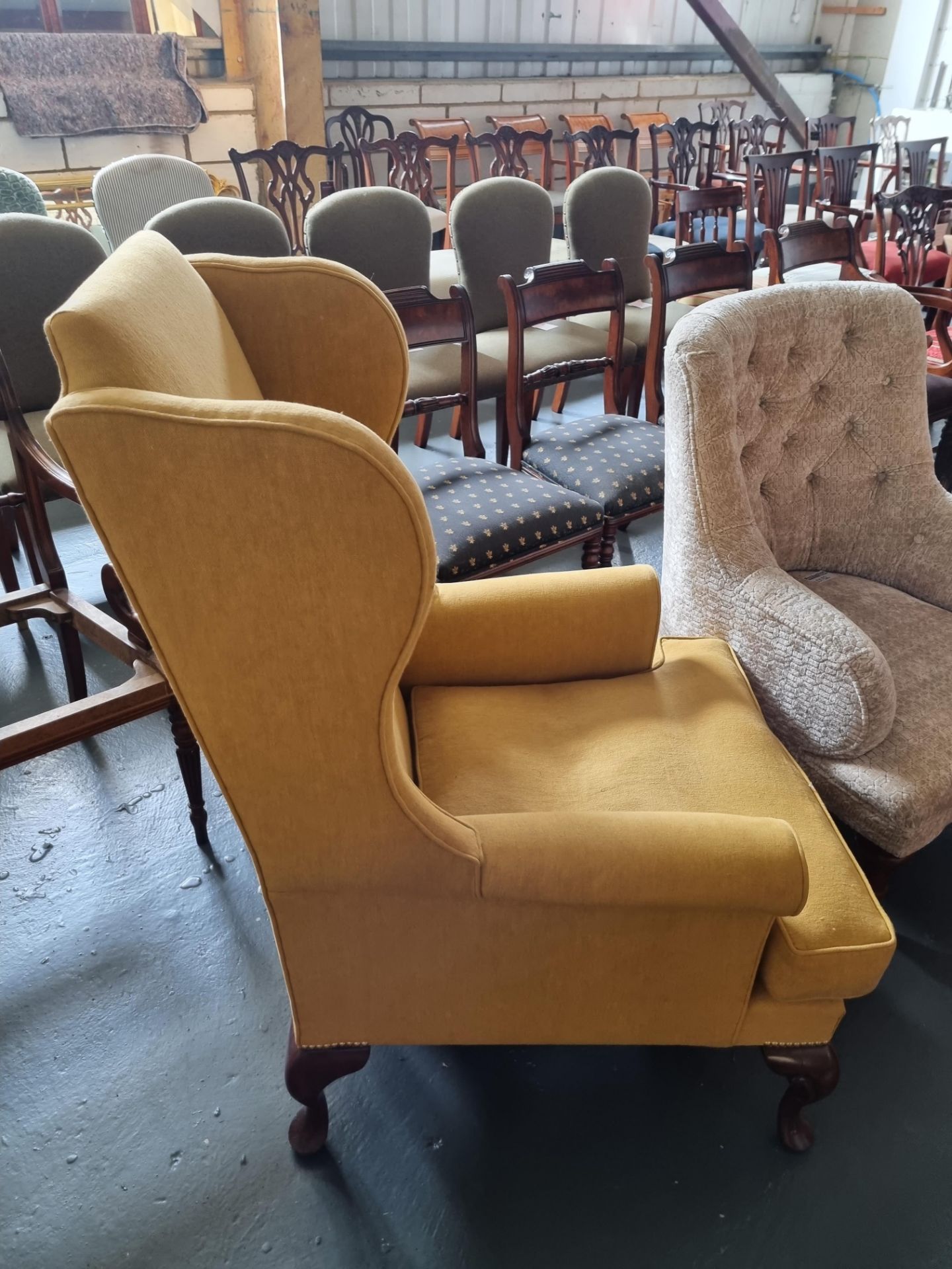 Arthur Brett Mahogany Wing Chair Bespoke Yellow Upholstery Hand-Carved Mahogany Wing Chair Of - Image 5 of 5