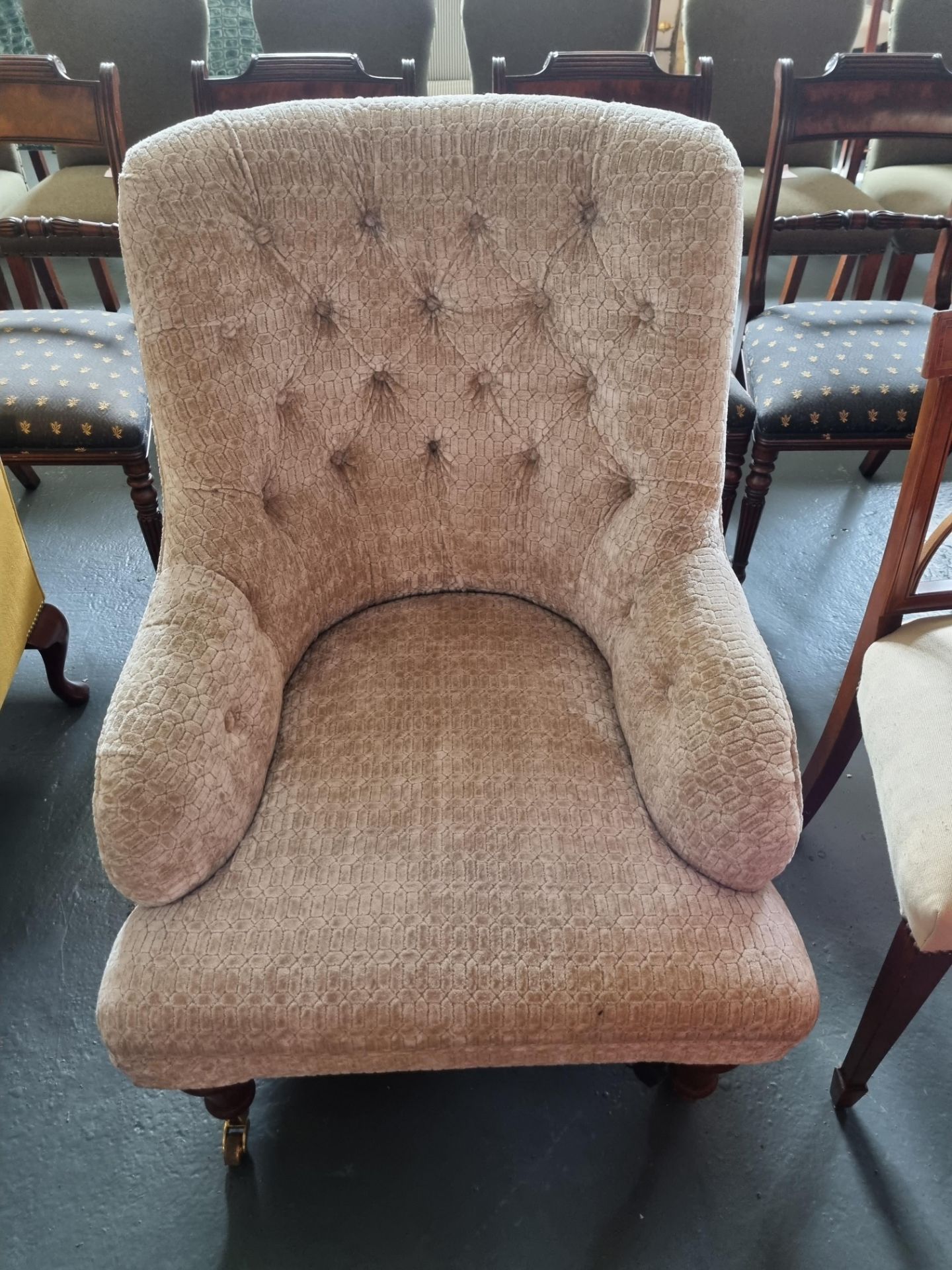 Arthur Brett Ickworth Library Arm Chair Bespoke Beige Upholstery on brass castors Height 96.5cm