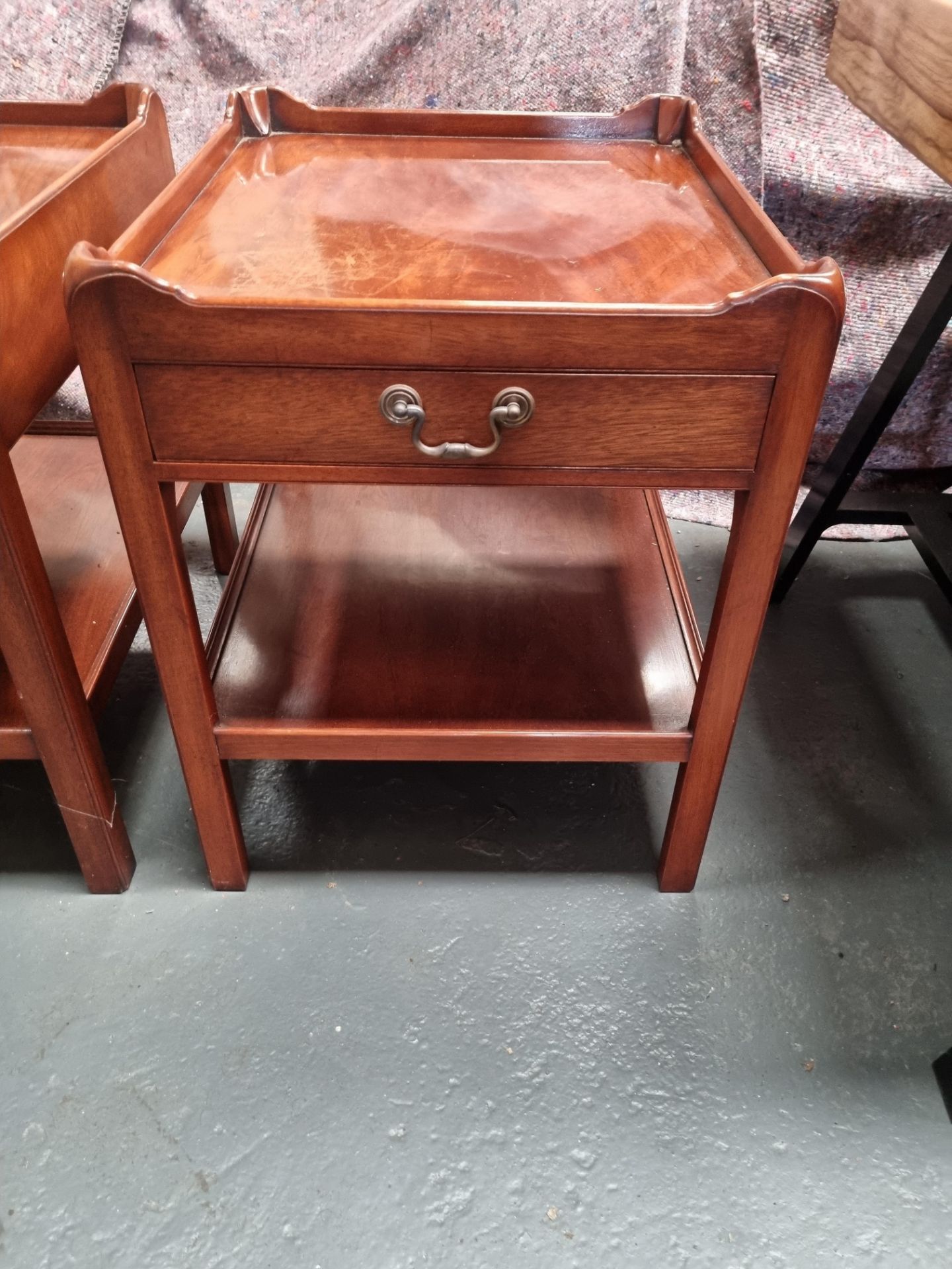 Arthur Brett Mahogany end table with shaped gallery top and one drawer with shelf below Height