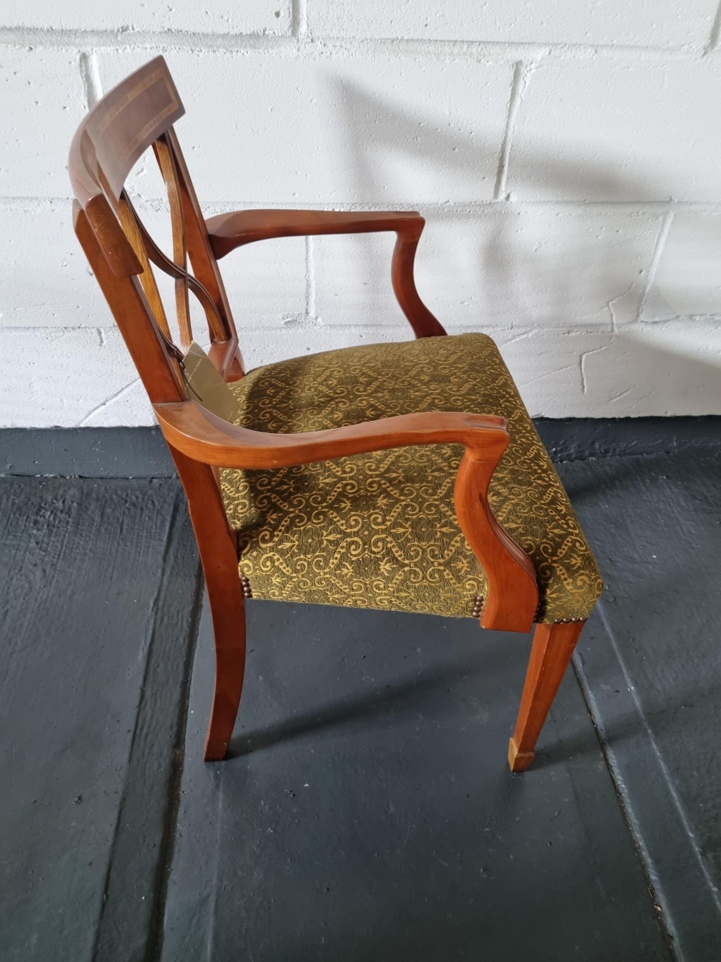 Arthur Brett Armchair Bespoke Sage/Gold Upholstery Sheraton-Style Cherrywood Armchair With Tulip- - Image 4 of 4
