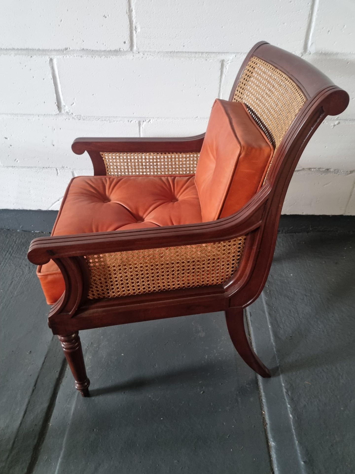 Arthur Brett Mahogany Straight Back Arm Chair with Burnt Orange Leather Seat Cushion & Back Height - Image 4 of 4