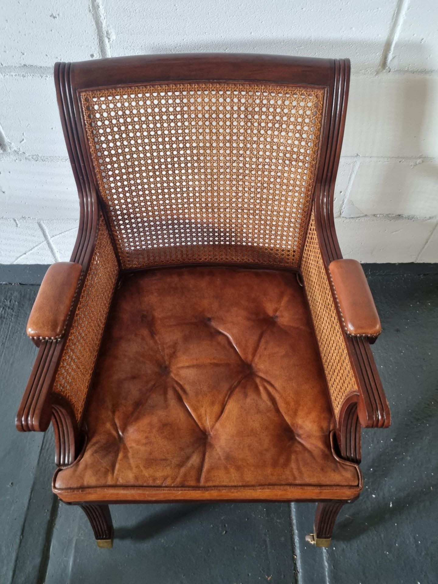 Arthur Brett Mahogany Straight Back Arm Chair With Brown padded Leather Arm Rests, Seat And Back - Image 4 of 4