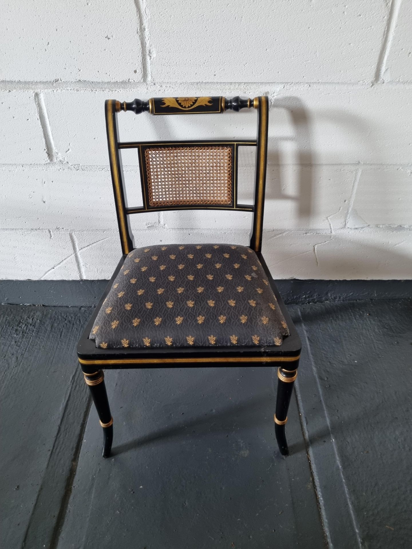 Arthur Brett Arm Chair Bespoke Blue Unupholstered Regency-Style Chair Ebonised with Gilt Decoration.