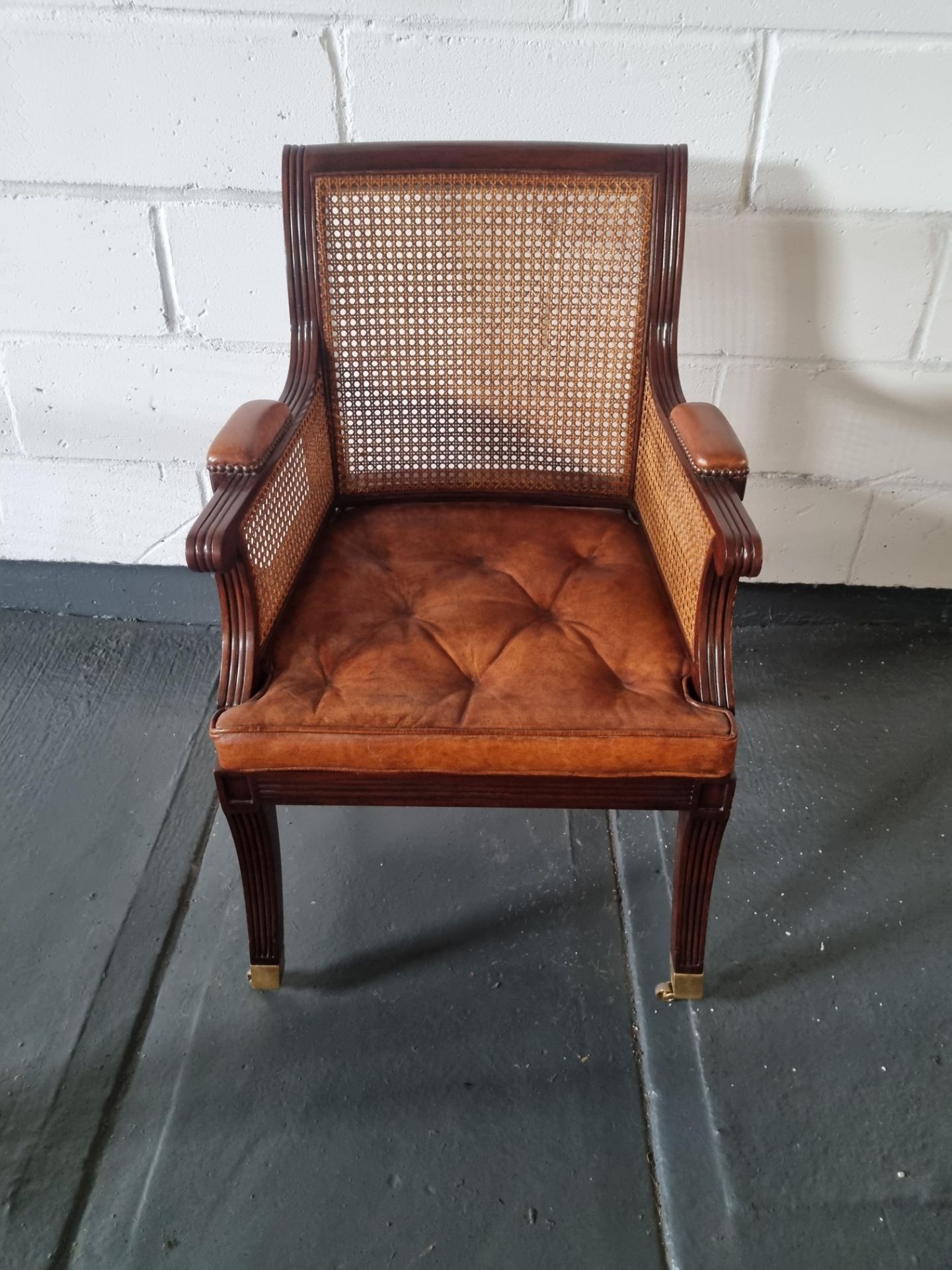 Arthur Brett Mahogany Straight Back Arm Chair With Brown padded Leather Arm Rests, Seat And Back