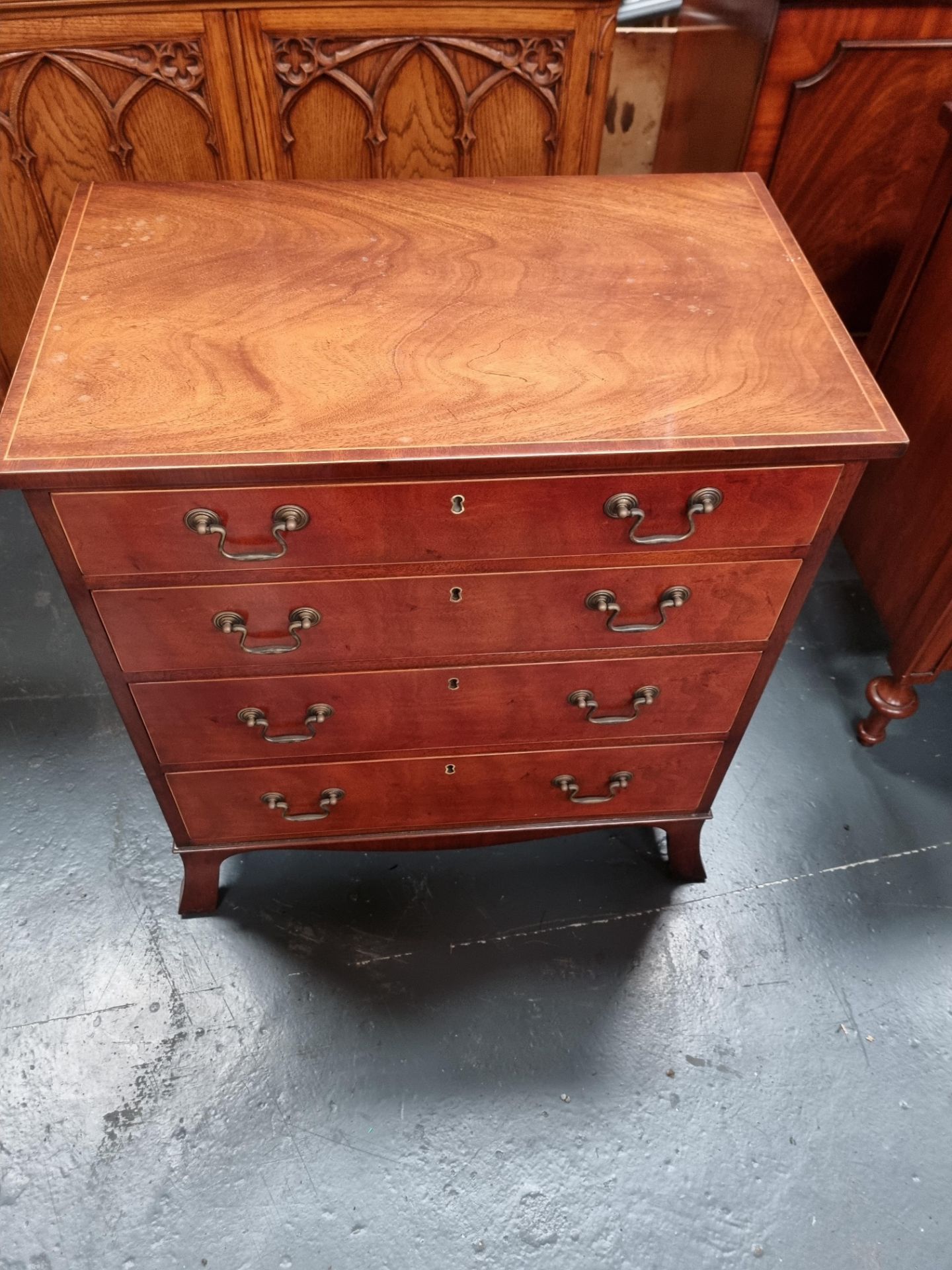 Arthur Brett Sheraton style mahogany chest of drawers Height 72cm Width 74cm Depth 34cm