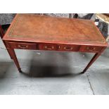 Arthur Brett Sheraton style mahogany 5 drawer kneehole writing table with brown leather inlay Height
