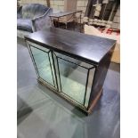 two door mirrored cabinet in black lacquer finish with one shelf Height 85cm Width 100cm Depth 48cm