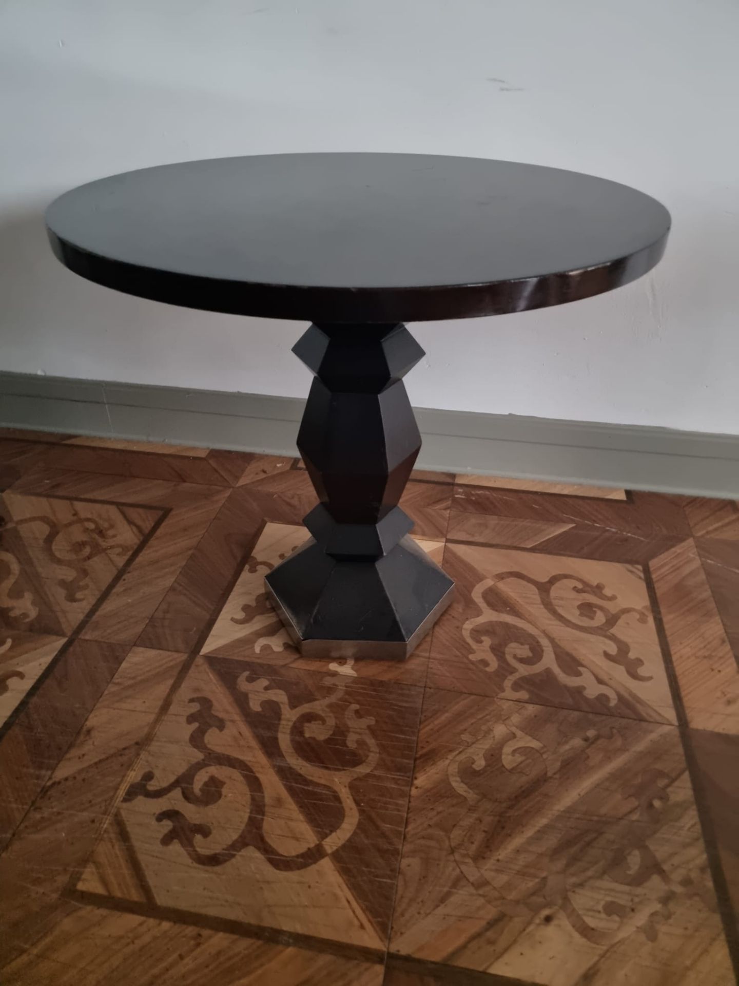 Circular wooden accent table with stainless steel decorated base 75cm diameter x 70cm tall - Image 2 of 2