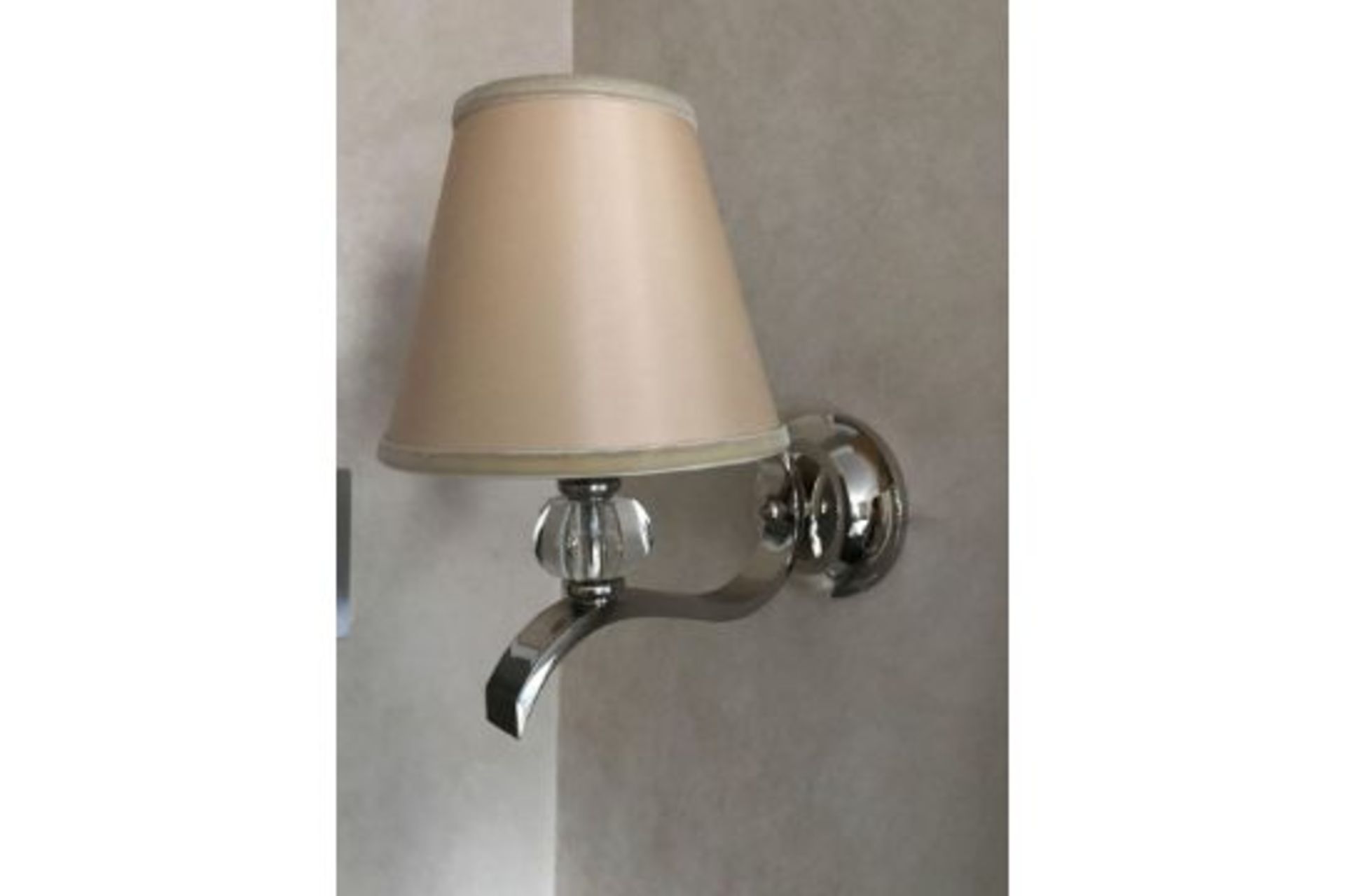 A set of 4 x of chrome and acrylic wall sconces with beige linen shade 30 cm x 30 cm