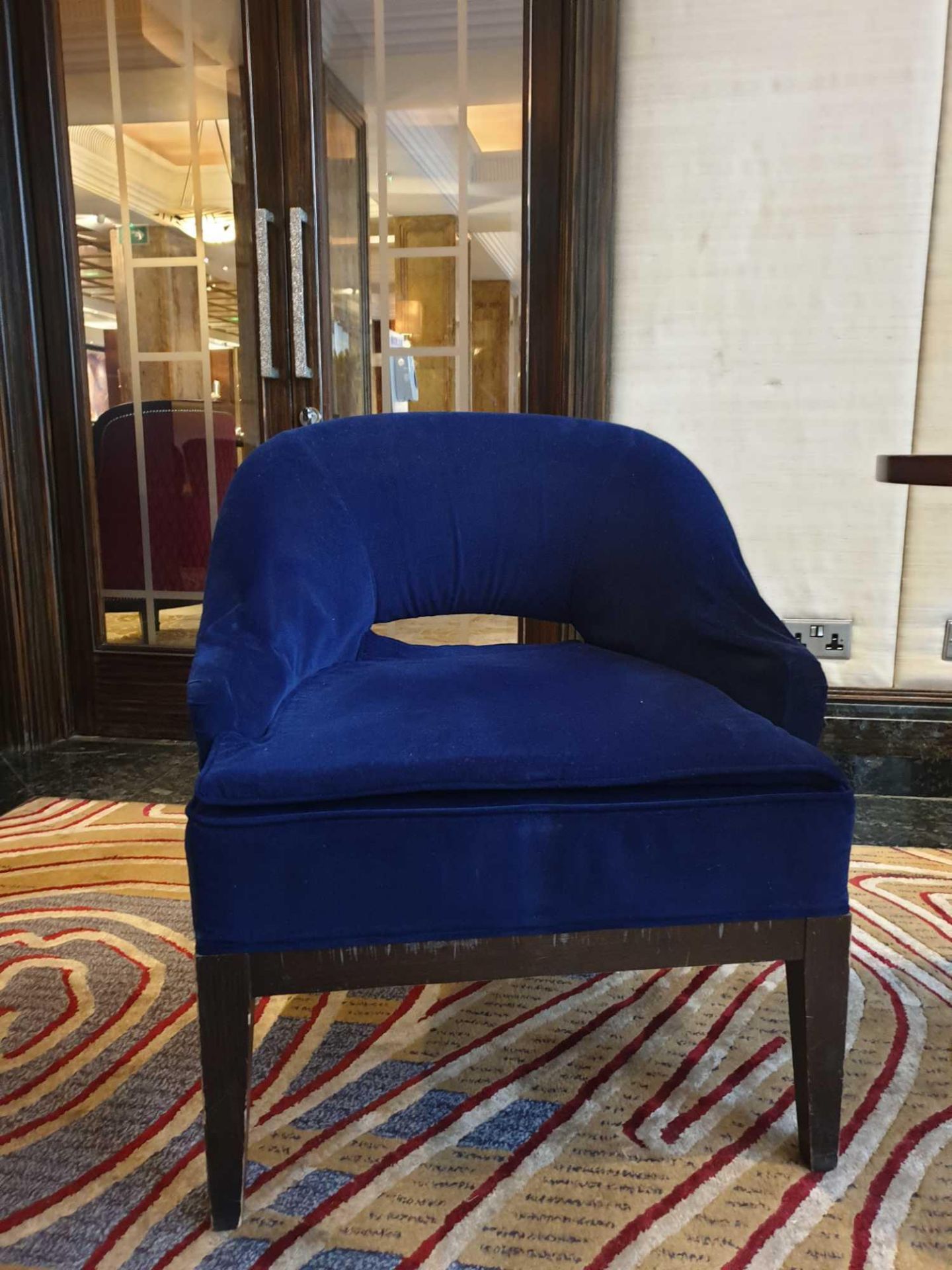 A Pair Of Blue Velvet Chairs Bespoke Fox Linton Contemporary Style With Walnut Stain Base 68x 60x