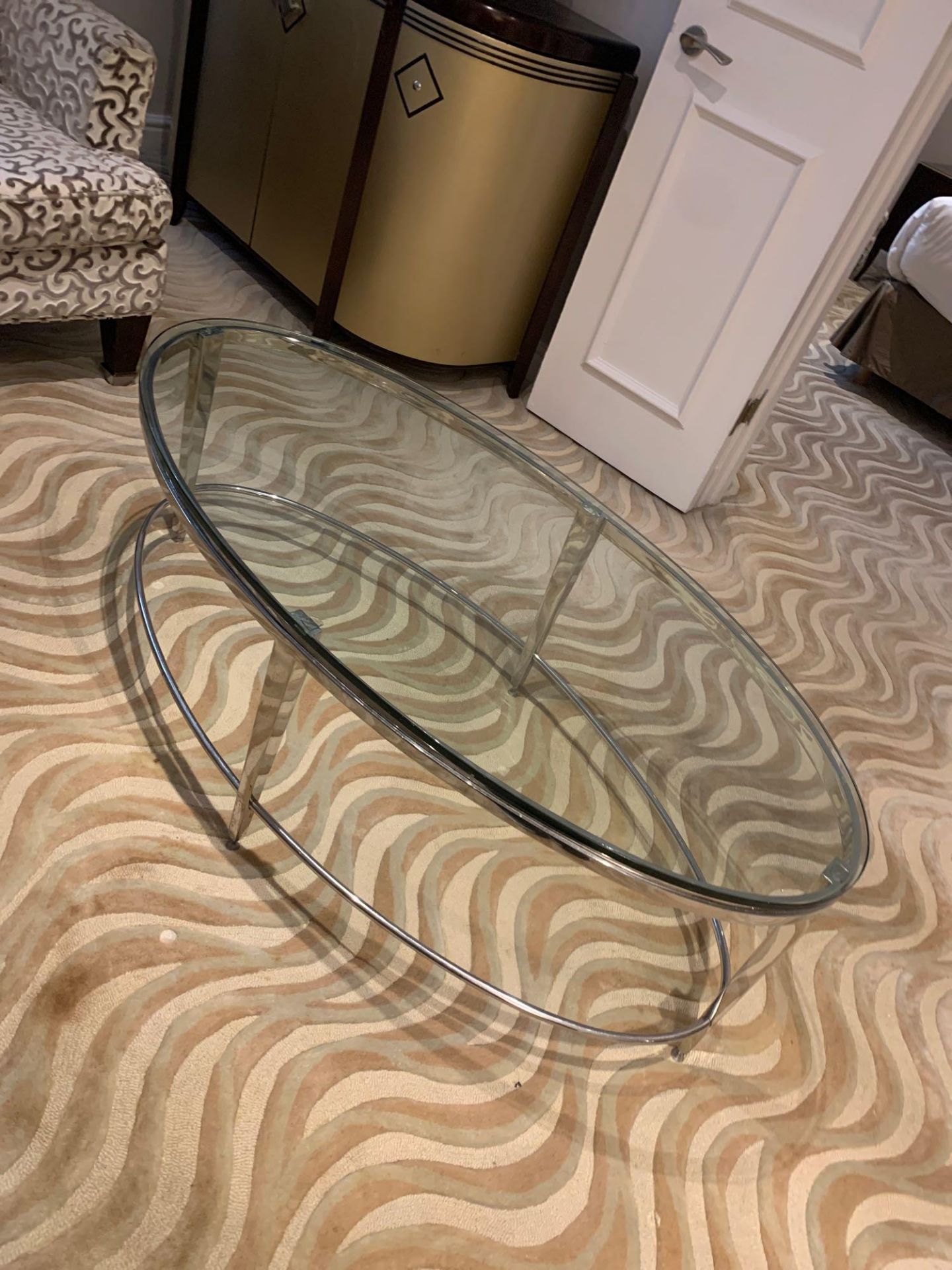 A polsihed Nickel Oval Coffee Table Glass Top 120 X 61 X 41cm - Image 4 of 5