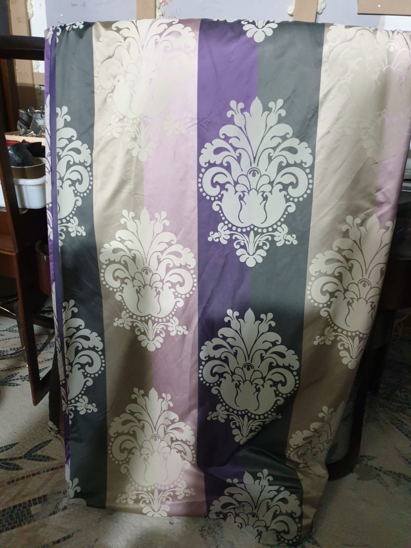 A pair of drapes pink grey cream motif each panel 144 x 268cm