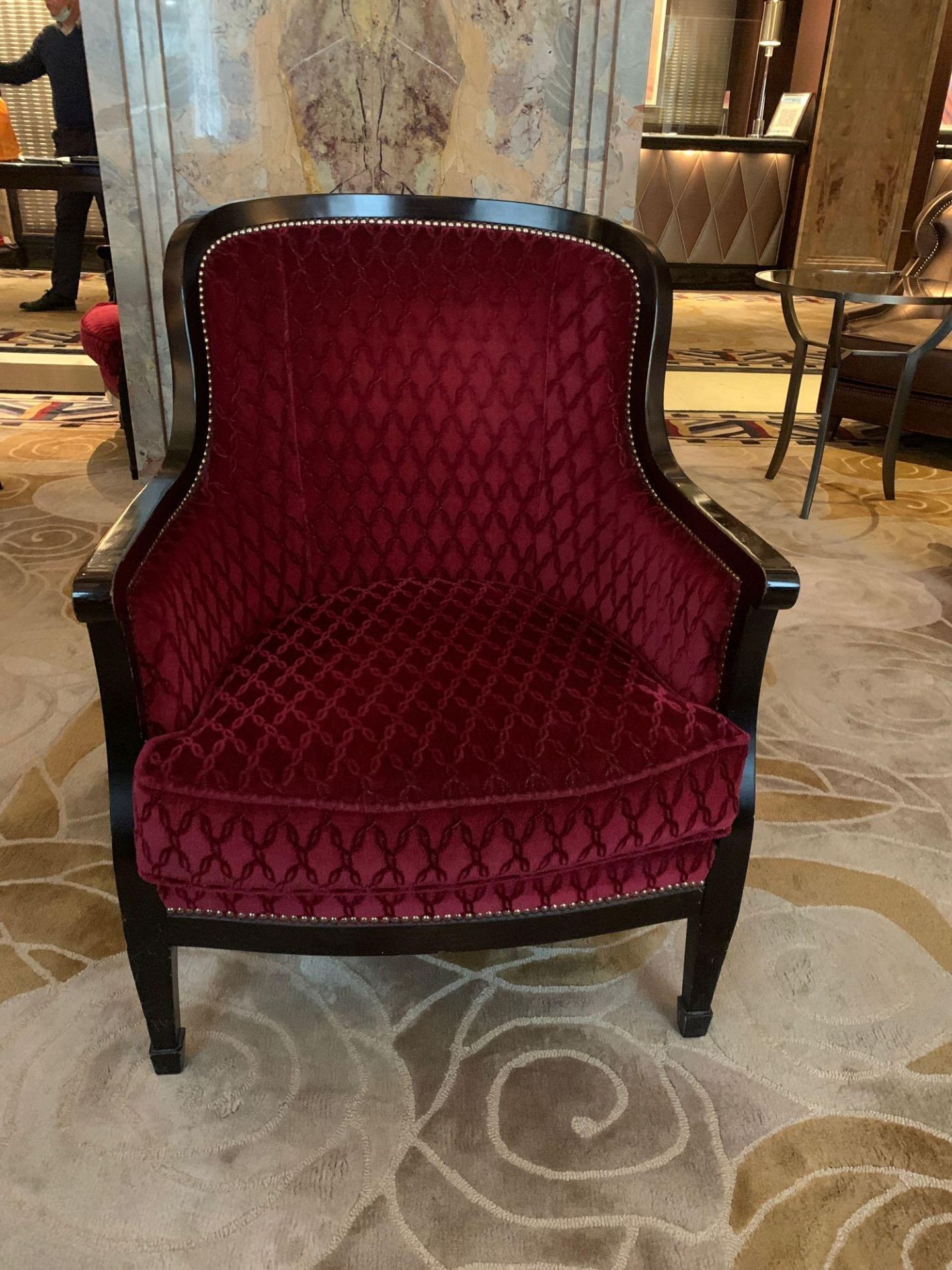 A Red Upholstered Lounge Chair With Mahogany Arms And Studied Back 68x 60x 91cm - Image 2 of 5