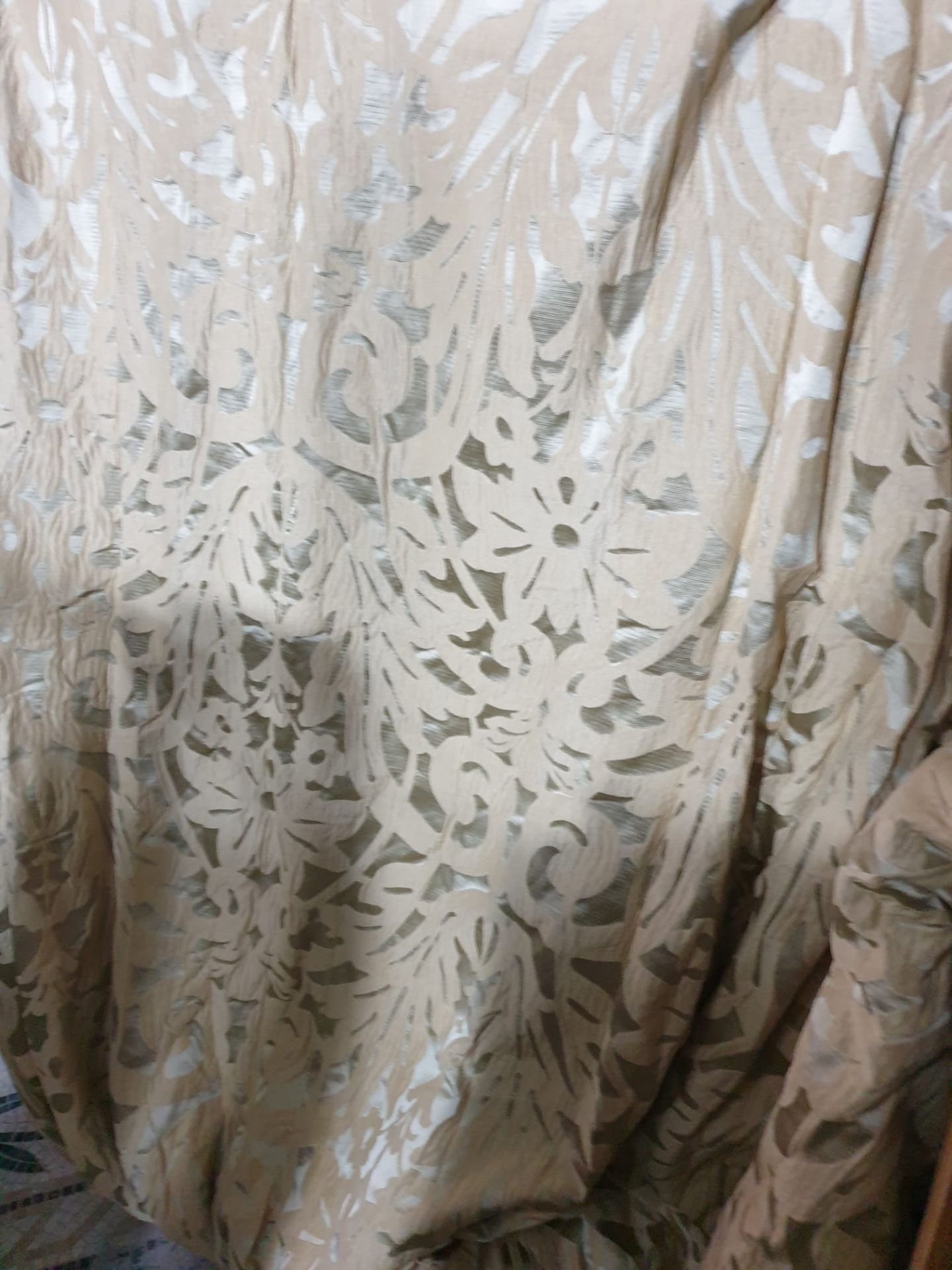 .A pair of silk drapes beige and silver each panel 120 x 234cm