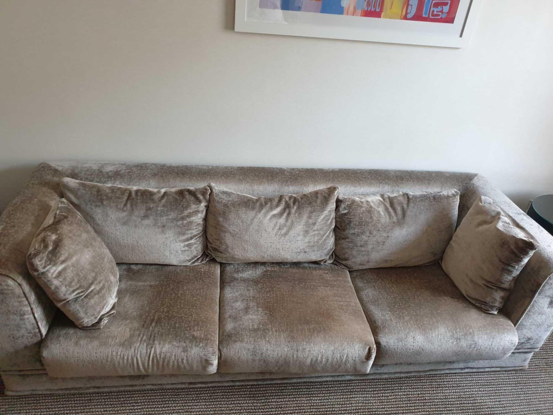 A Velvet Three Seater Sofa Contemporary Design 195 x 85 x 69cm With Loose Cushion Pads And Scatter