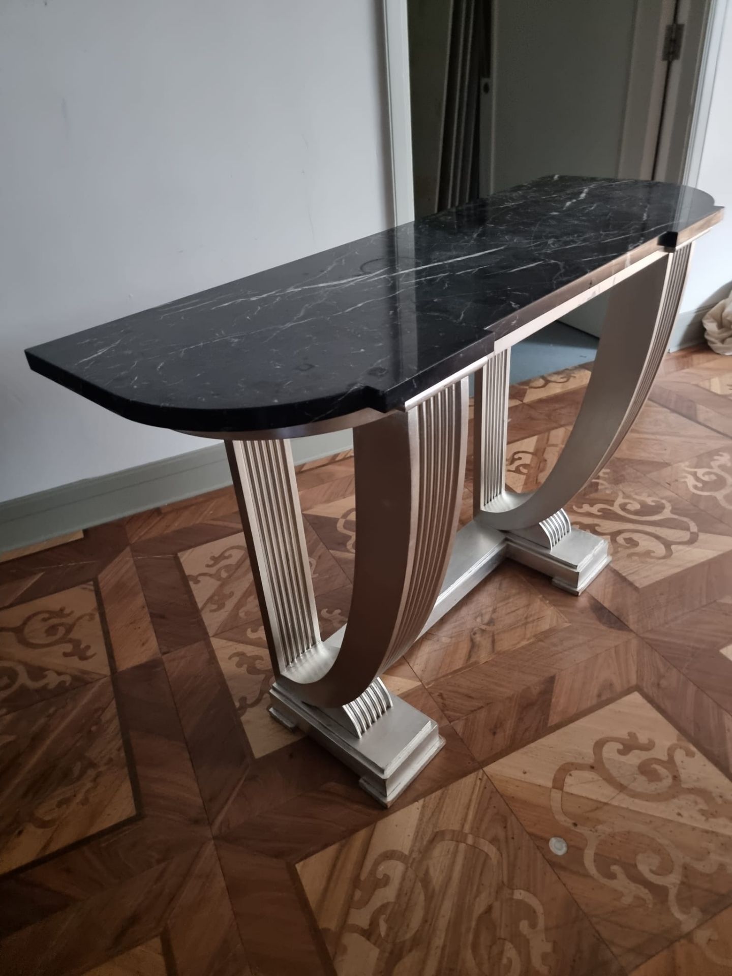 Marble top art deco sttyle consile table the wooden frame painted silver 127 x 47 x 89cm