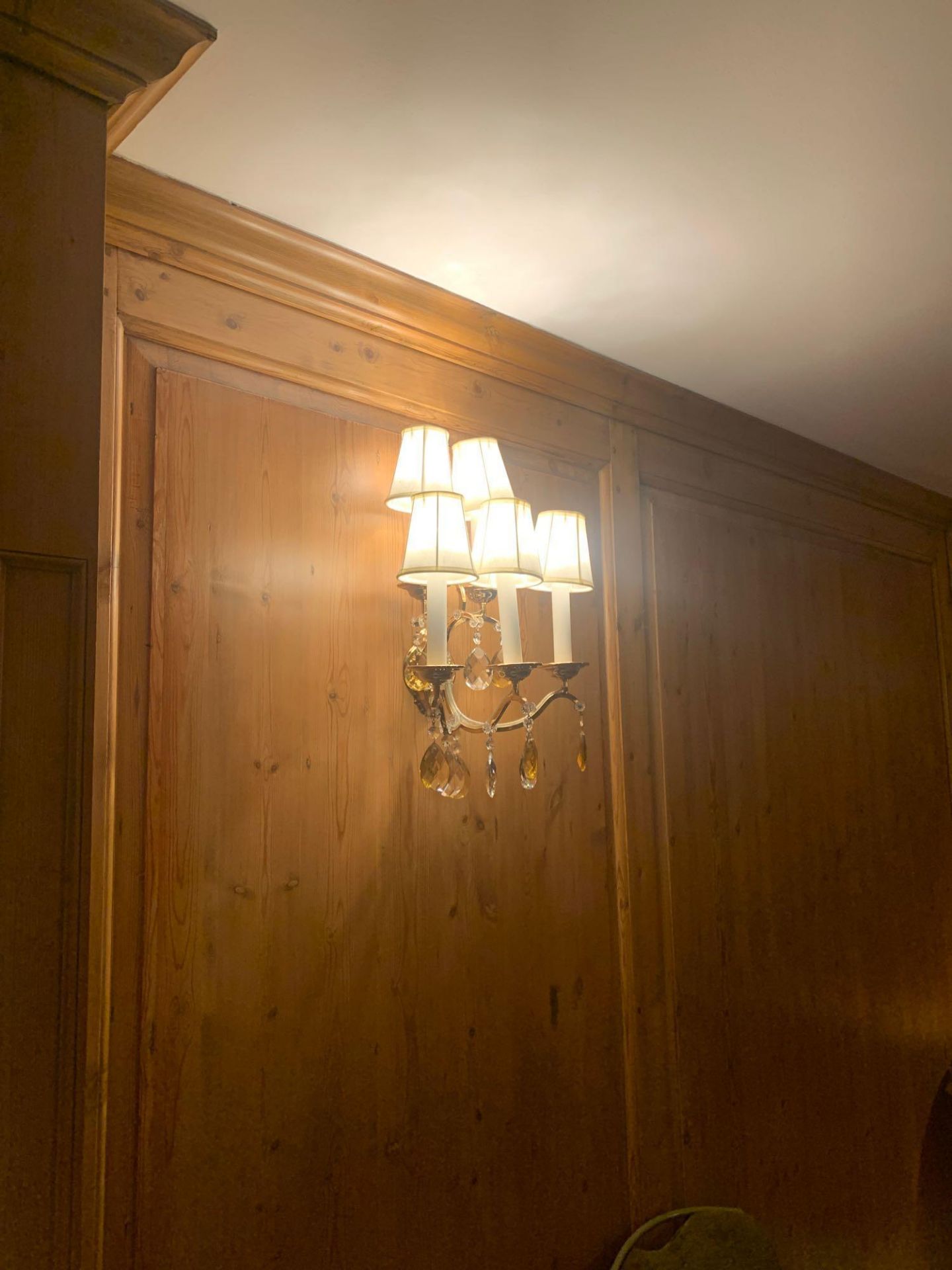 A Pair Of Five Arm Brass Wall Sconce With Linen Shades Droplets Amber And Clear Crystal Glass. 35x - Image 5 of 5