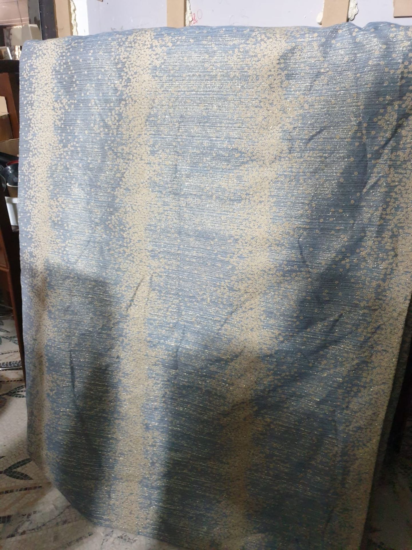 A pair of silk drapes blue silver sparkle each panel 137 x 245cm