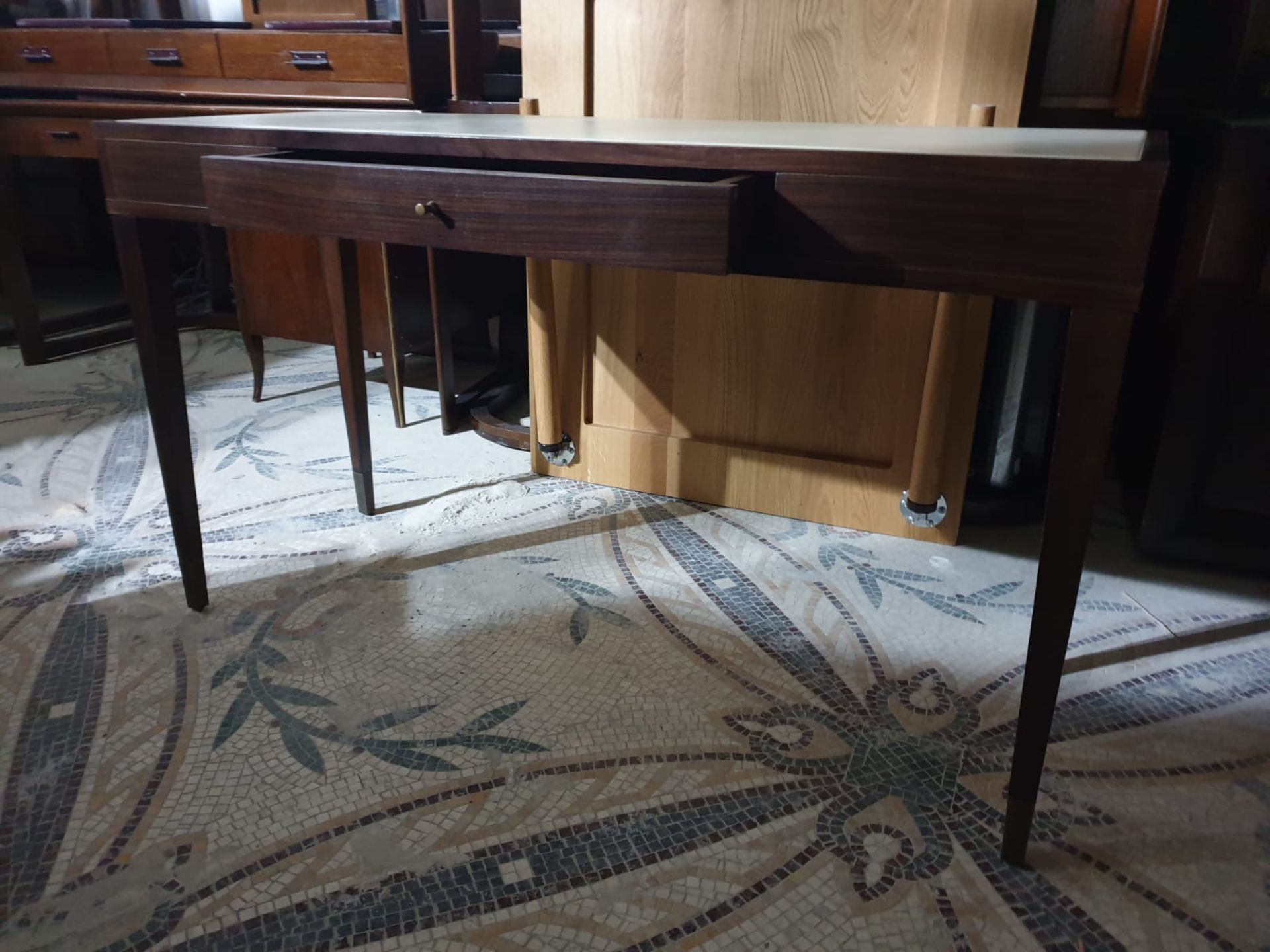 A single drawer console / wiritng table with antique brass leg cap ends 130 x 45 x 75cm