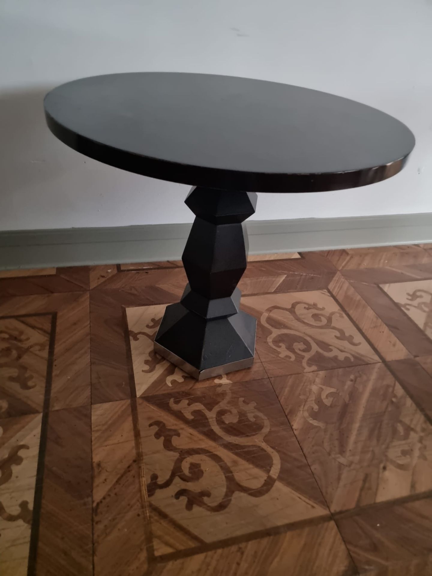 Circular wooden accent table with stainless steel decorated base 75cm diameter x 70cm tall