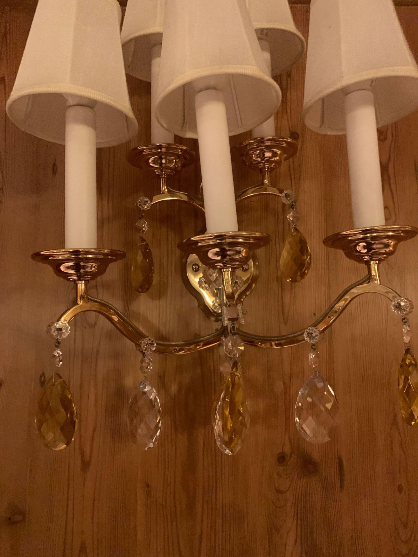 A Pair Of Five Arm Brass Wall Sconce With Linen Shades Droplets Amber And Clear Crystal Glass. 35x - Image 3 of 5