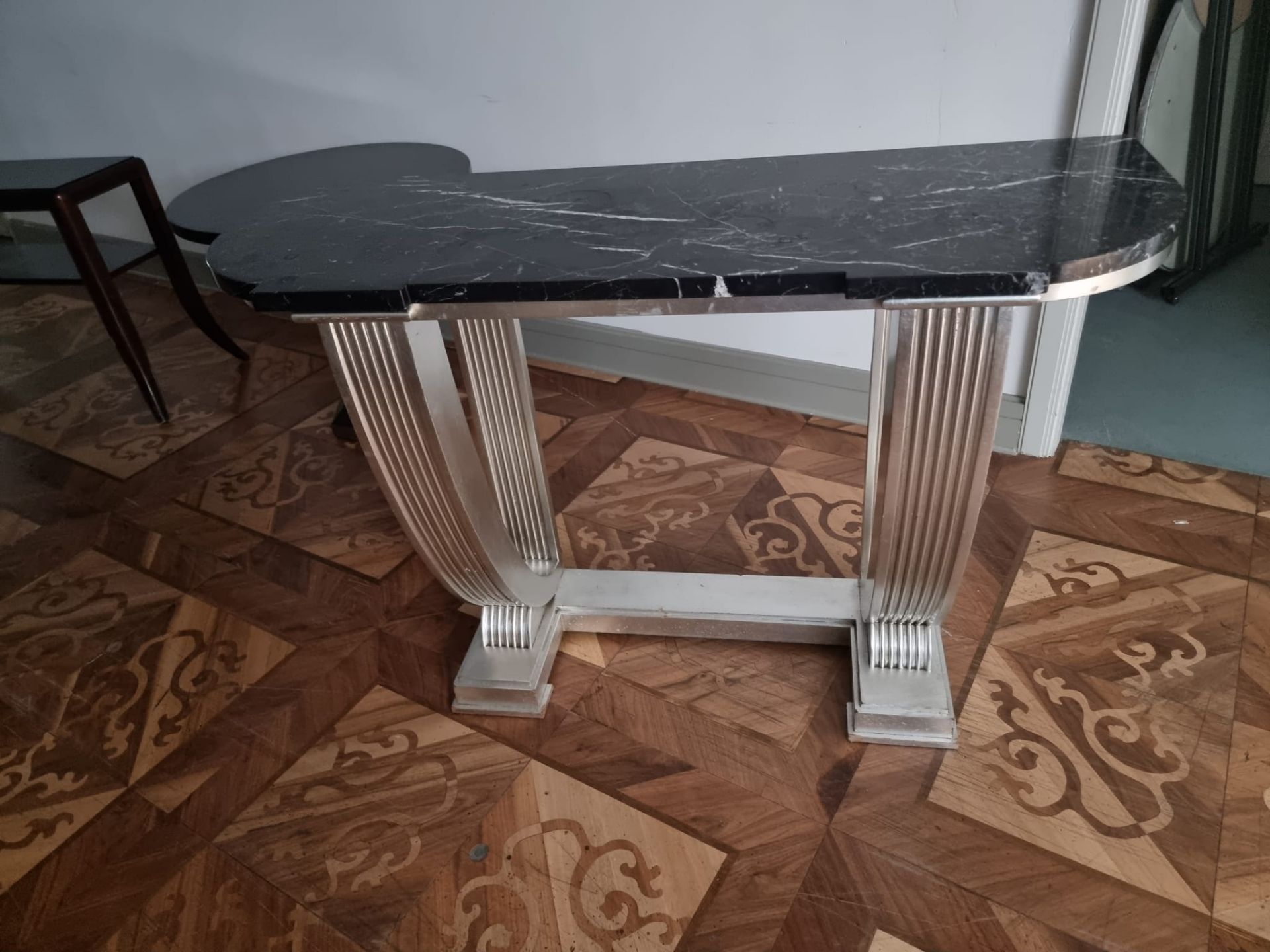 Marble top art deco sttyle consile table the wooden frame painted silver 127 x 47 x 89cm - Image 2 of 3