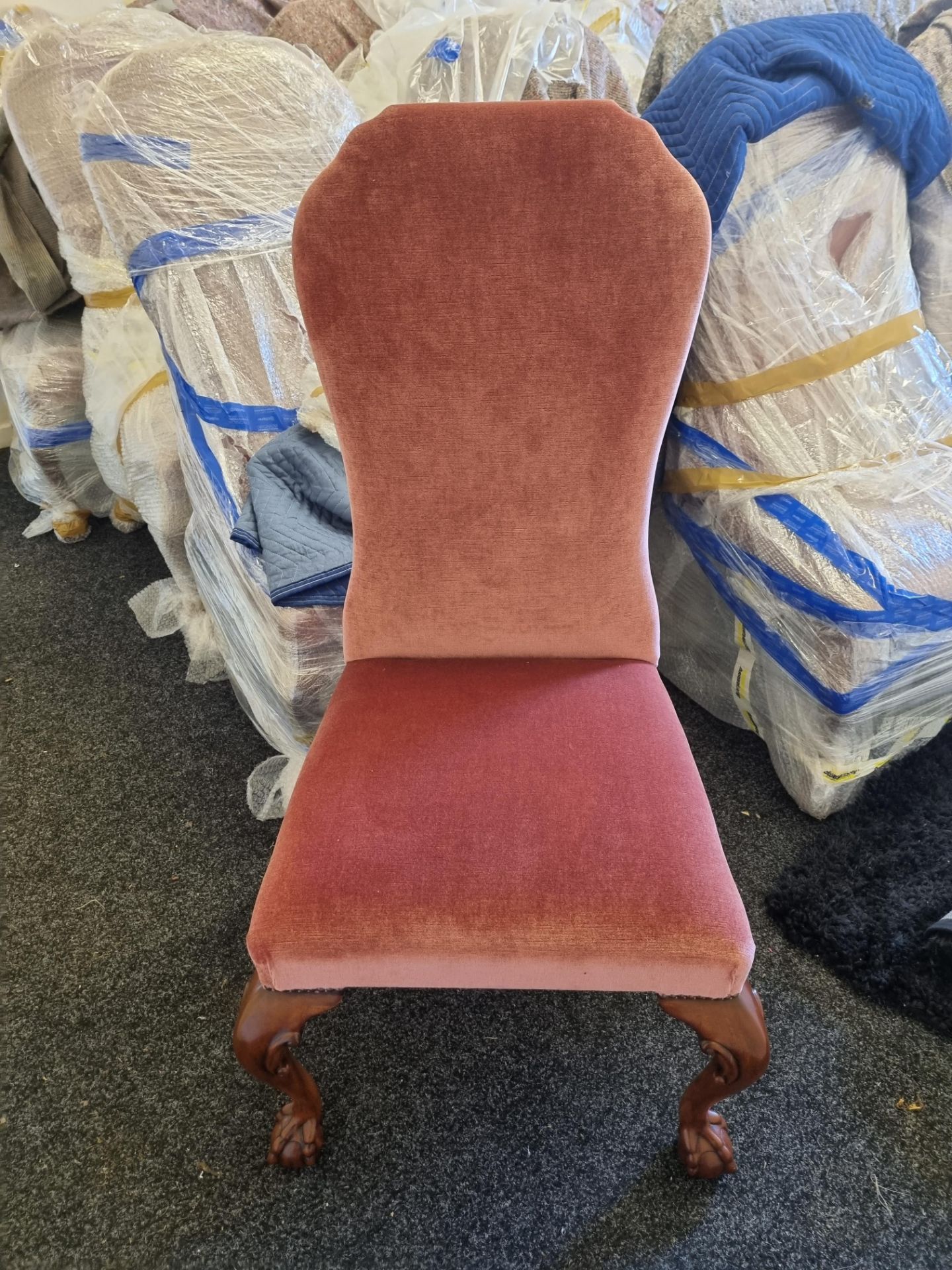 4 X Arthur Brett High Back Chairs Upholstered In Pink Velour With Studded Detail On Mahogany Claw