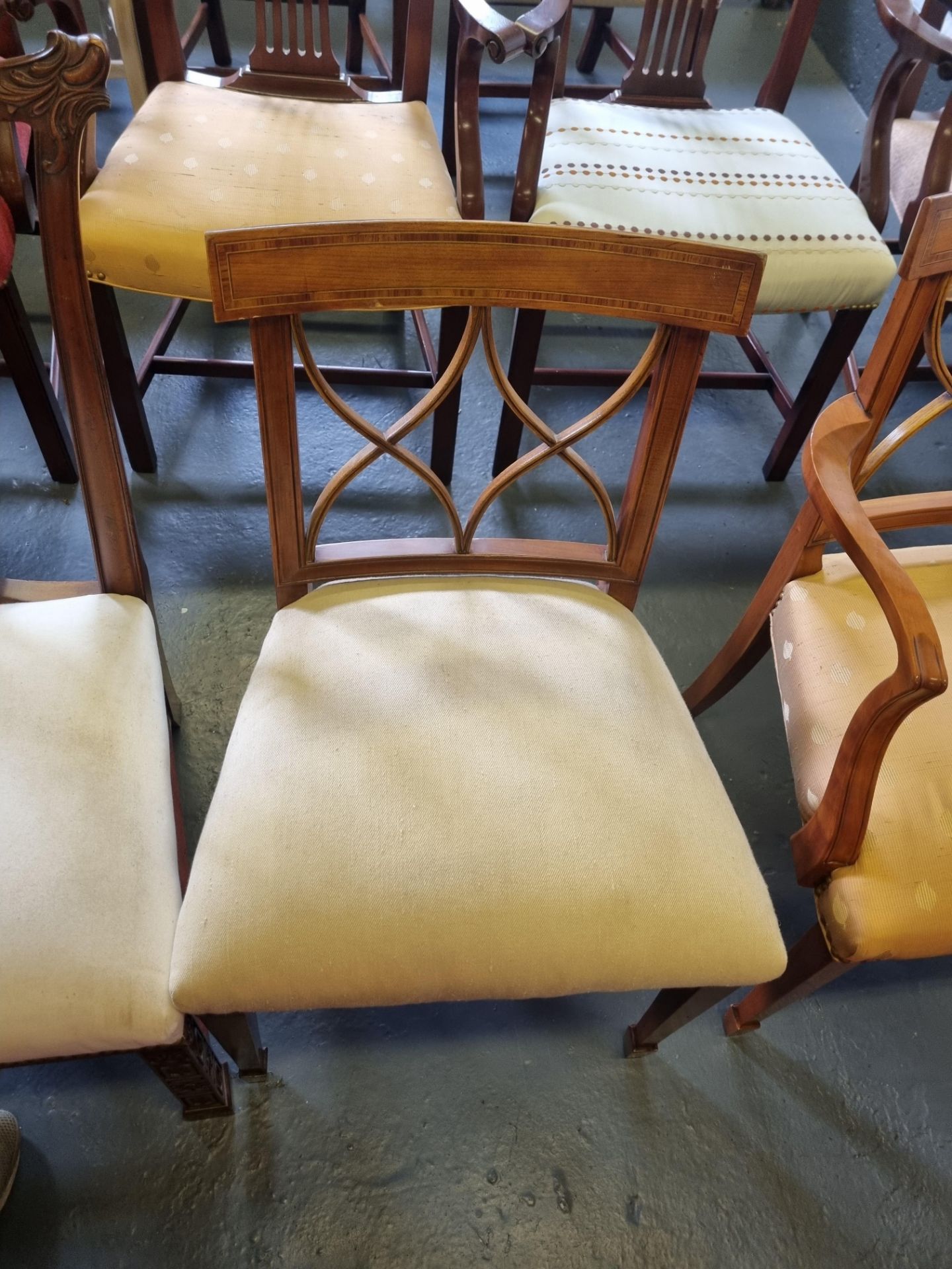 3 X Arthur Brett Sheraton-Style Cherrywood Upholstered Dining Chairs With Tulip-Wood Inlay In The - Image 5 of 5