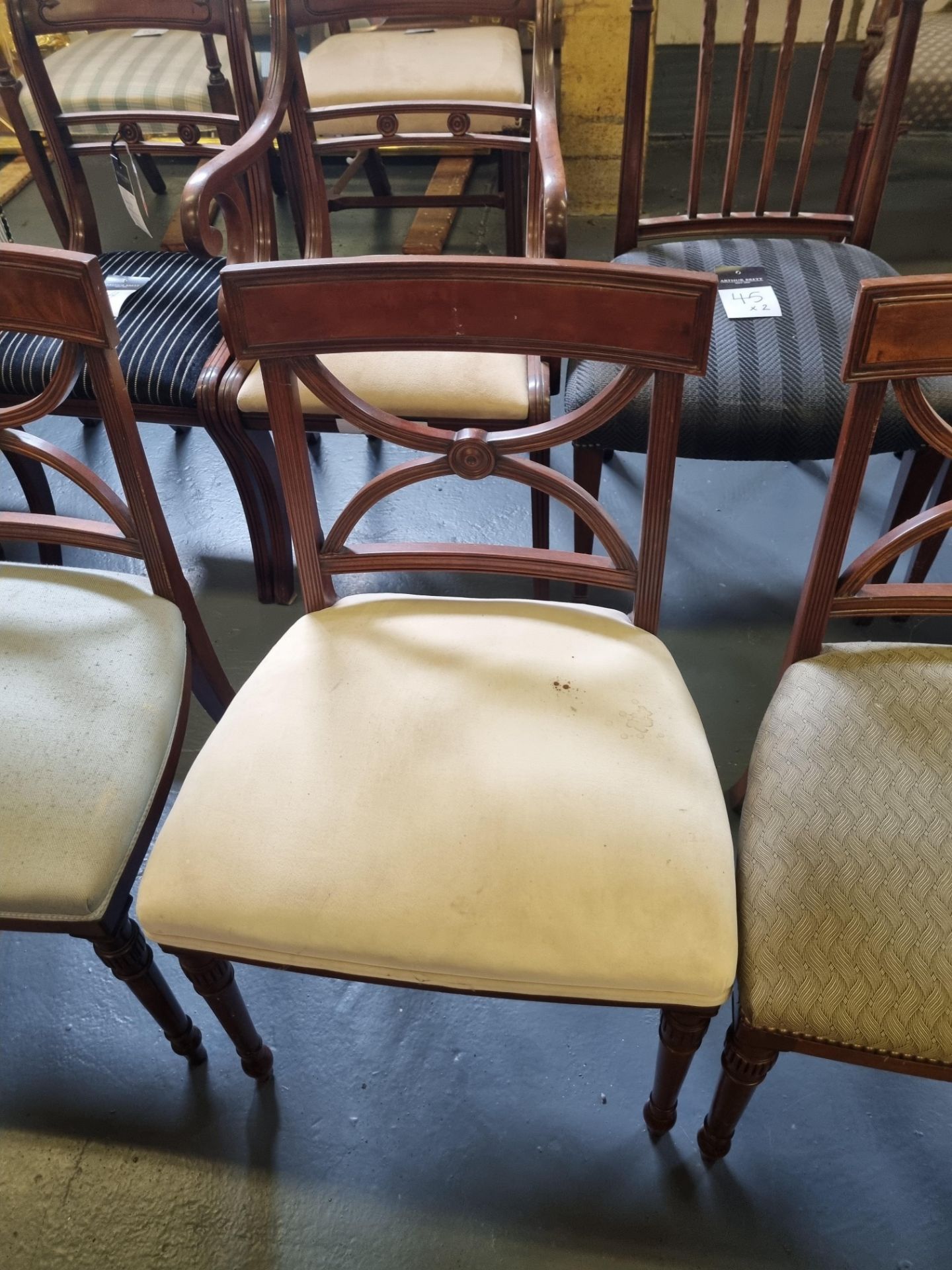 6 X Arthur Brett Sheraton-Style Mahogany Upholstered Dining Chairs Featuring A Well Figured Mahogany - Image 3 of 8
