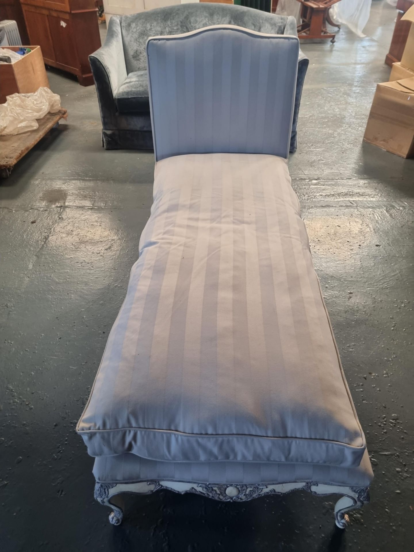 Grey Stripe Upholstered French Day Bed (Broken) Height 104cm Width 200cm Depth 75cm