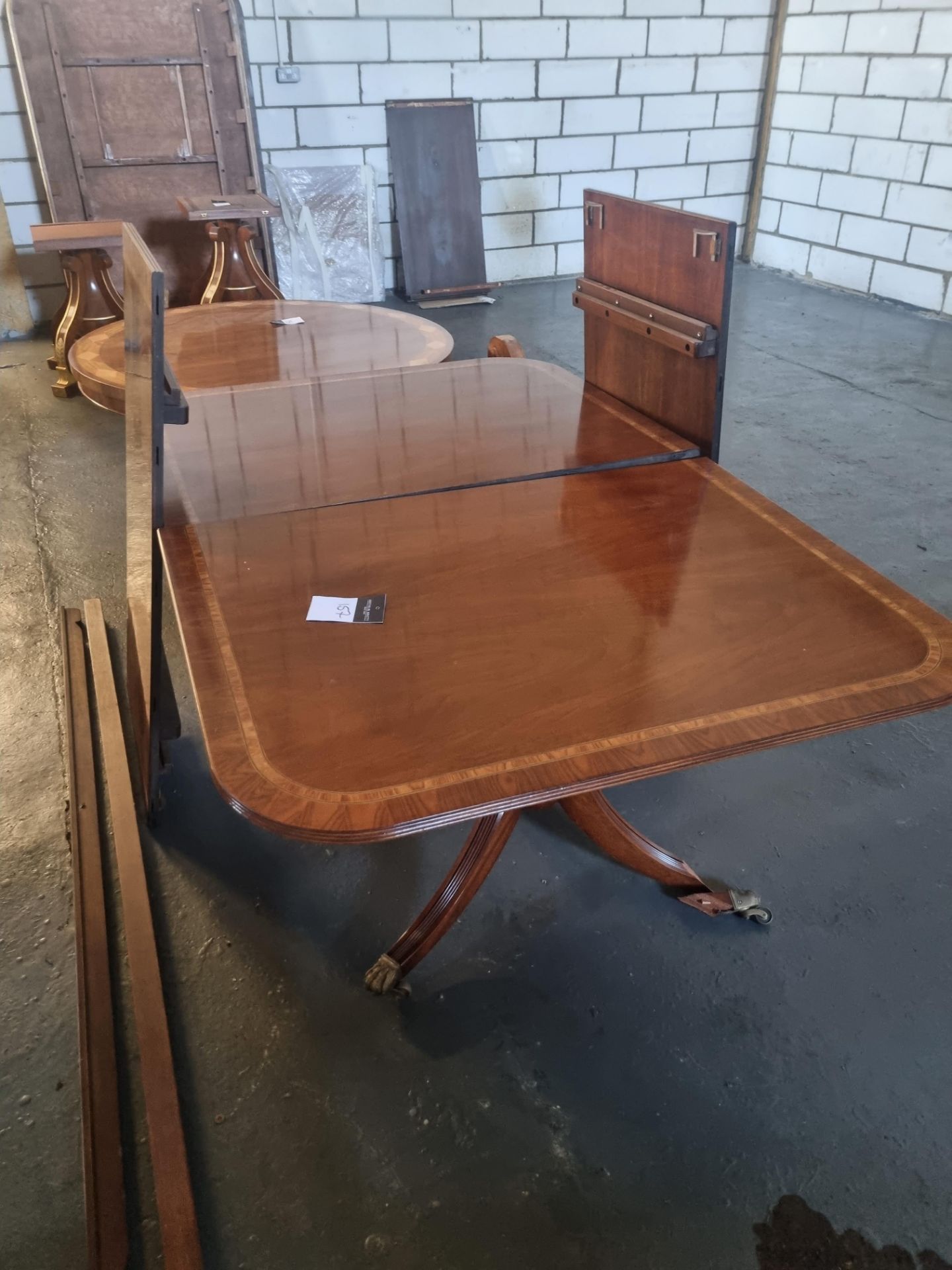 Needs Repair Mahogany 2-Pedestal 2-Leaf Dining Table With CB Satinwood Crossbanding Three Legs And - Image 3 of 4