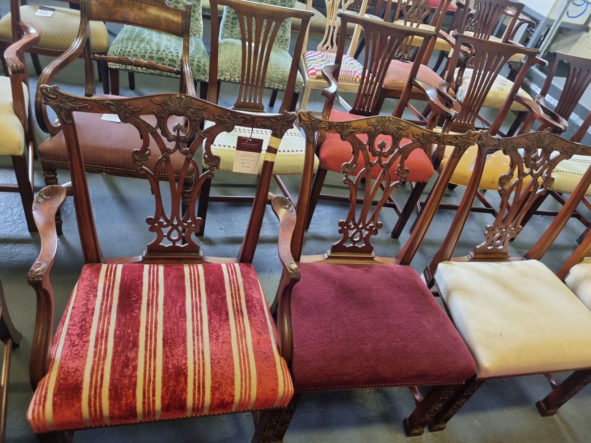 3 X Arthur Brett Mahogany Upholstered Dining Chairs With Subtly Carved Detail To Back And Front Legs