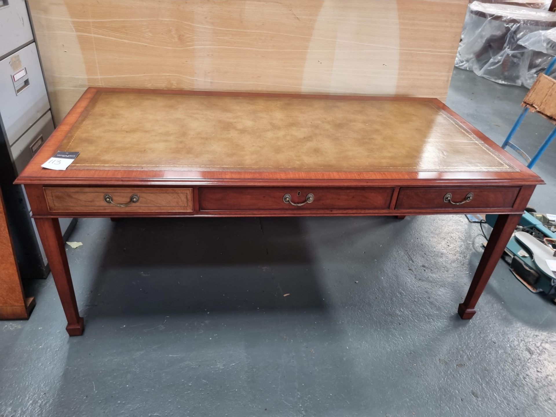 Arthur Brett Sheraton Style Writing Table With Green Leather Inlay And 3 Drawers Height 76.5cm Width