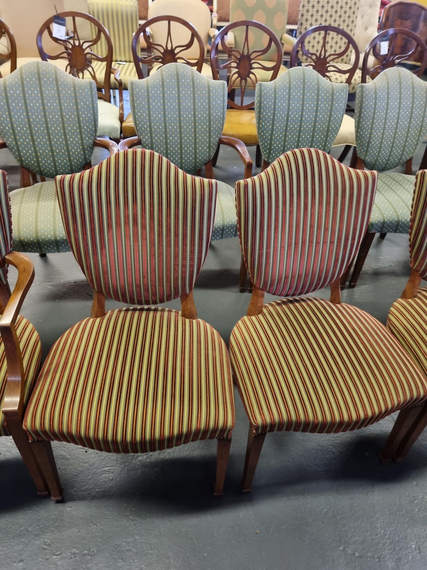 7 X Arthur Brett Upholstered Shield Back Chairs In Green/Red/Gold Stripe Bespoke Upholstery The - Image 3 of 5
