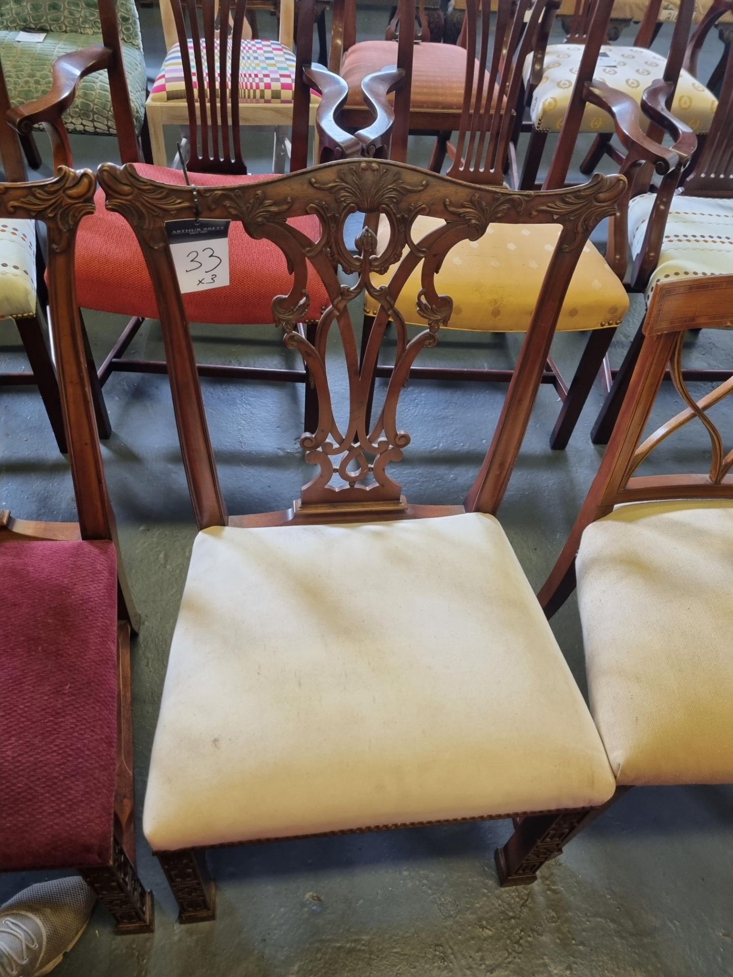 3 X Arthur Brett Mahogany Upholstered Dining Chairs With Subtly Carved Detail To Back And Front Legs - Image 2 of 5