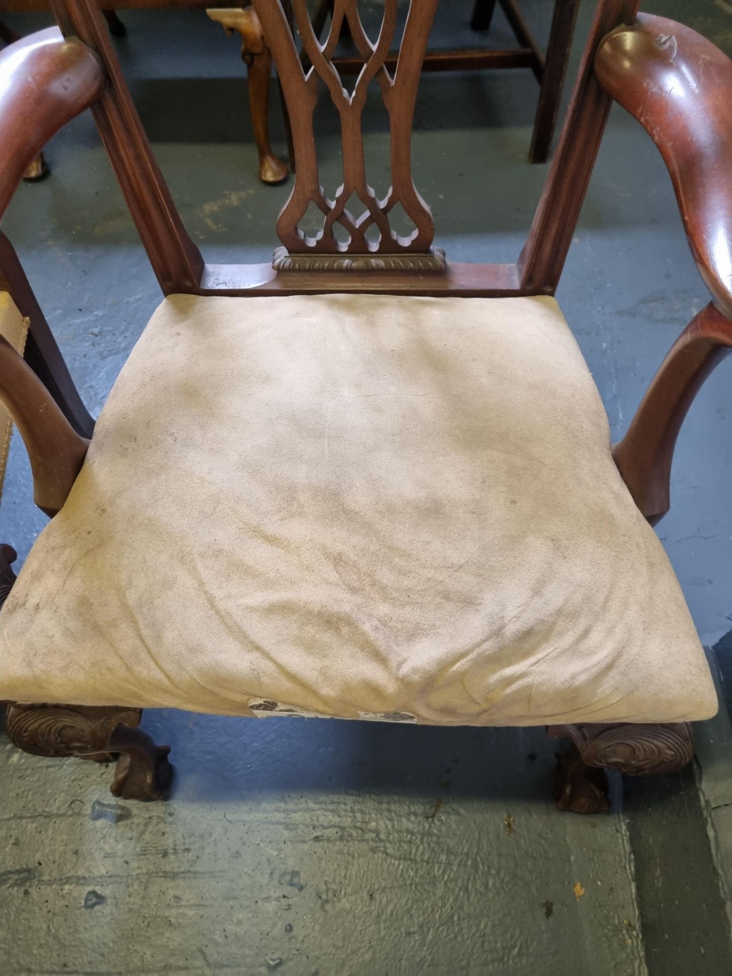 3 X Arthur Brett Mid-Georgian-Style Carved Mahogany Upholstered Dining Chairs With Brown - Image 5 of 5