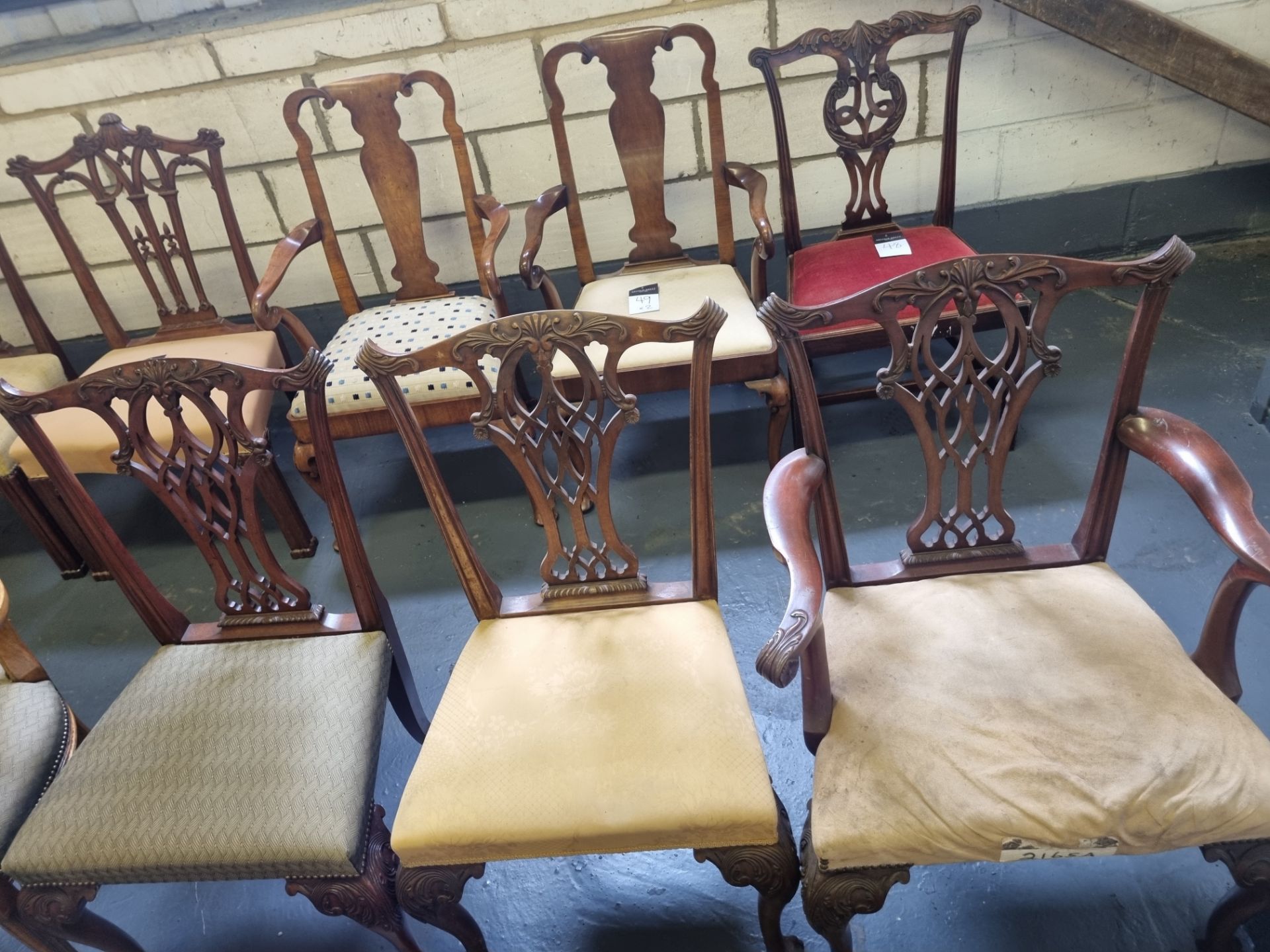 3 X Arthur Brett Mid-Georgian-Style Carved Mahogany Upholstered Dining Chairs With Brown