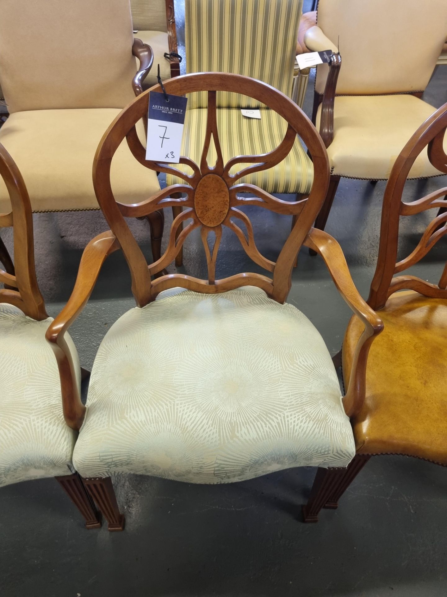 3 X Arthur Brett Mahogany Sunburst Chairs With Bespoke Green Silk Patterned Upholstery George III - Image 2 of 3