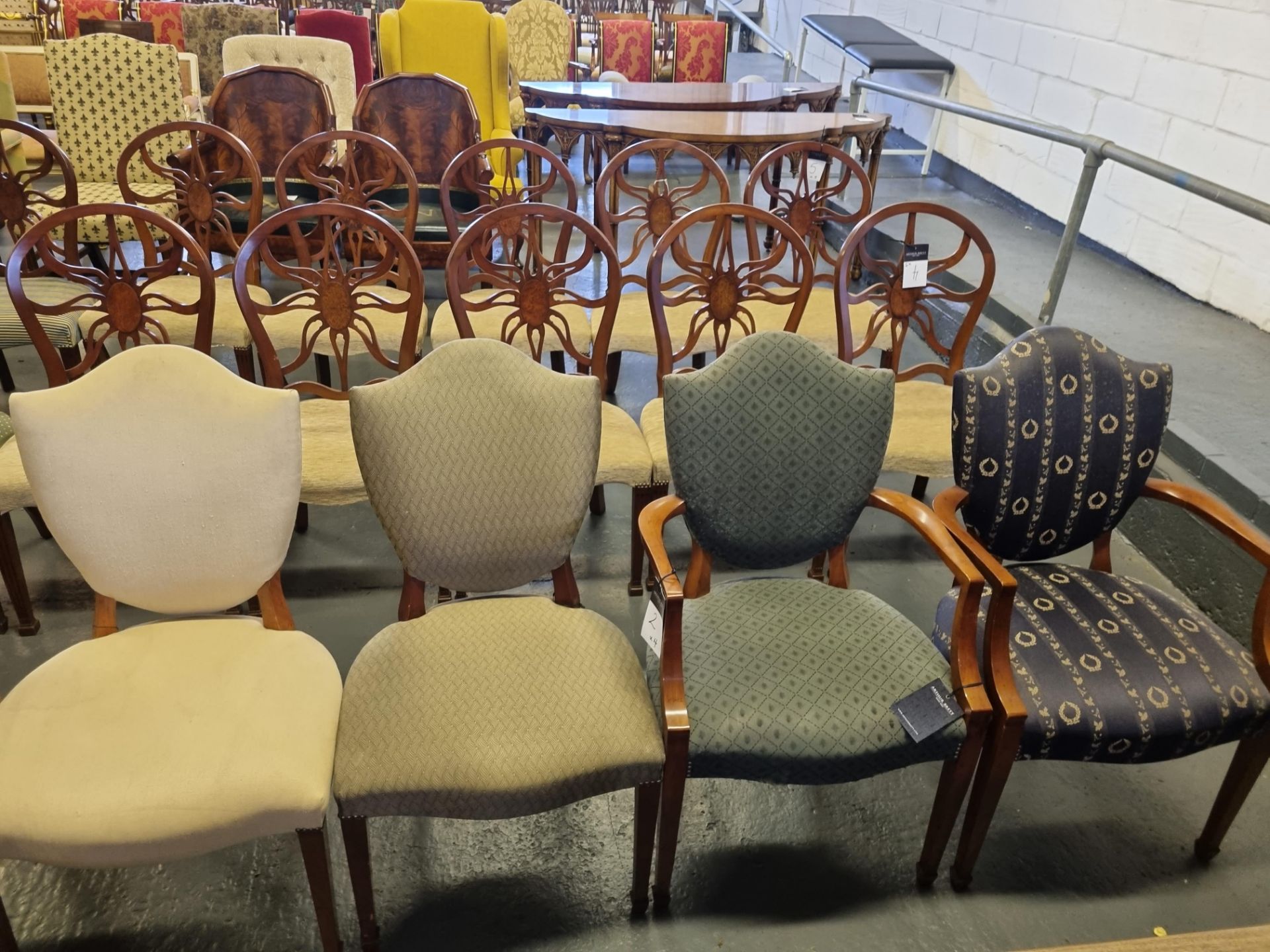 4 X Arthur Brett Upholstered Shield Back Chairs In Assorted Bespoke Upholstery The Shield Back Shape - Image 2 of 5