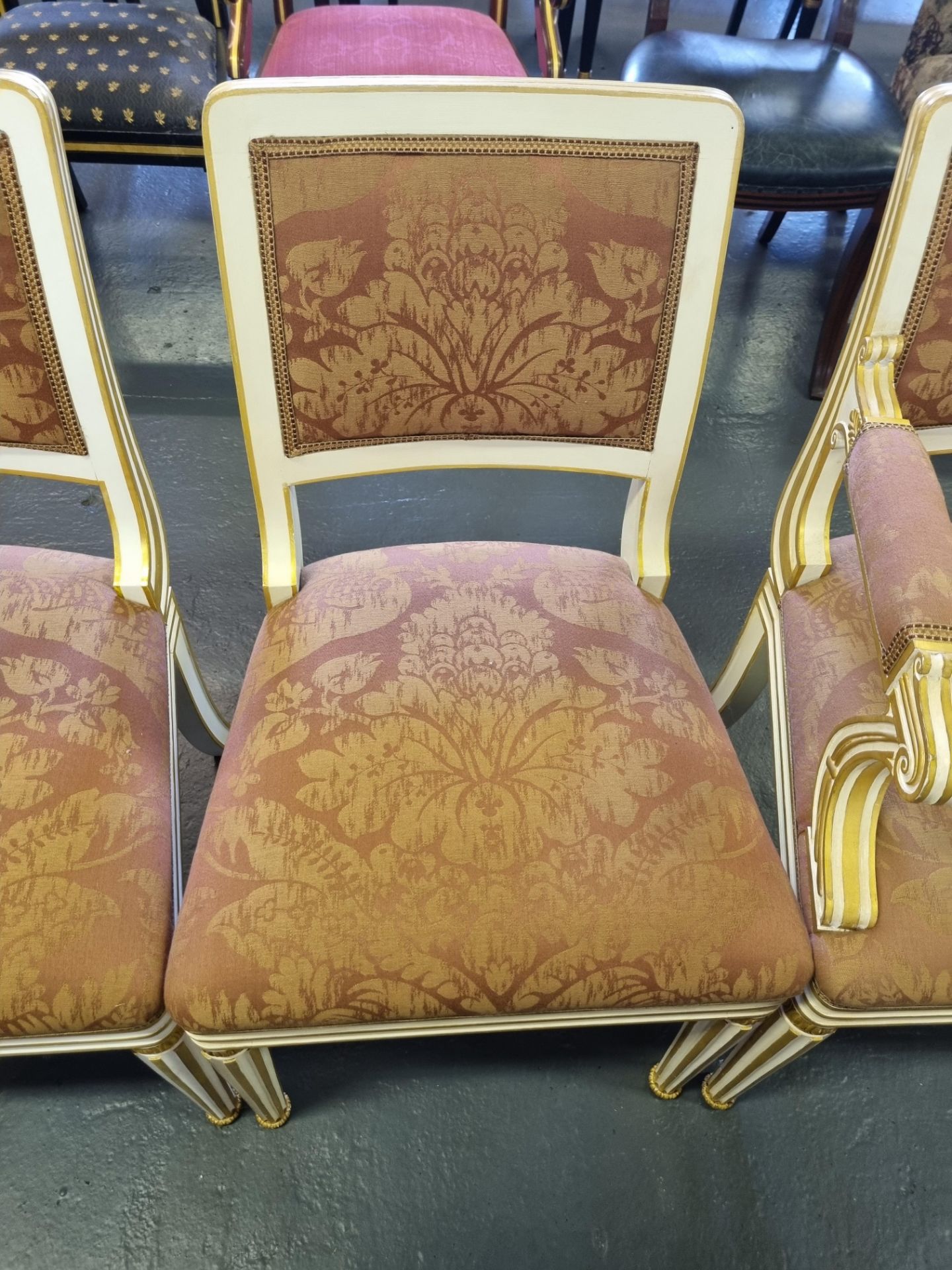 4 X Arthur Brett Dining Chairs With Rose Gold Pattern Upholstery Seat And Back Rest On A Elegant - Image 4 of 4