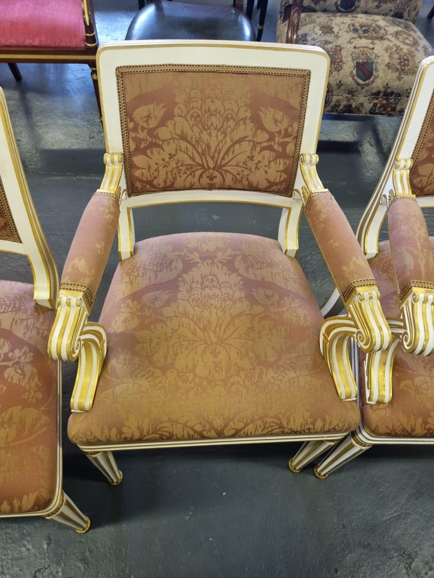 4 X Arthur Brett Dining Chairs With Rose Gold Pattern Upholstery Seat And Back Rest On A Elegant - Image 3 of 4