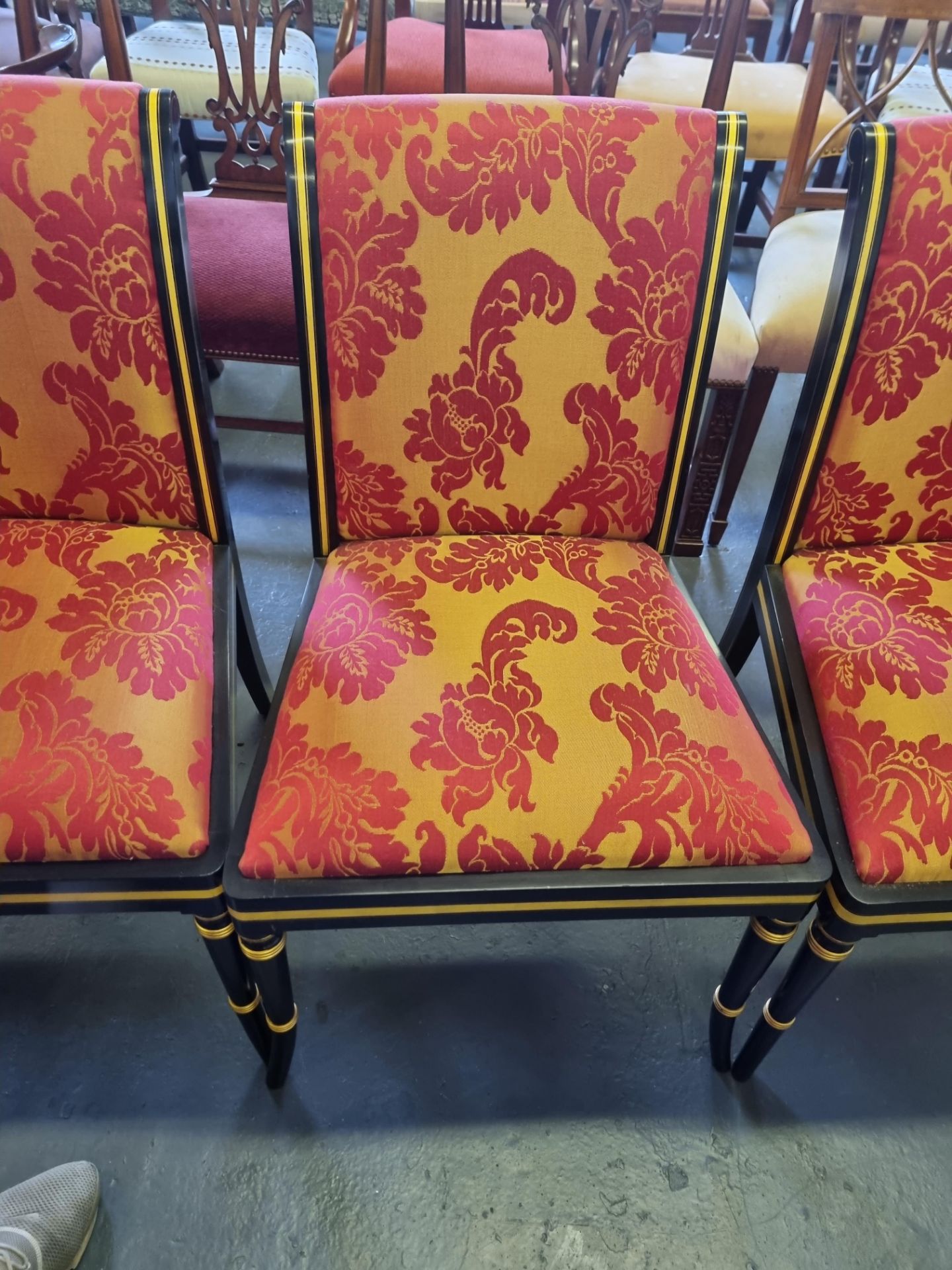 4 X Arthur Brett Ebonised & Gilt Side Chair In Bespoke Red Upholstery Regency-Style Upholstered Back - Image 2 of 3